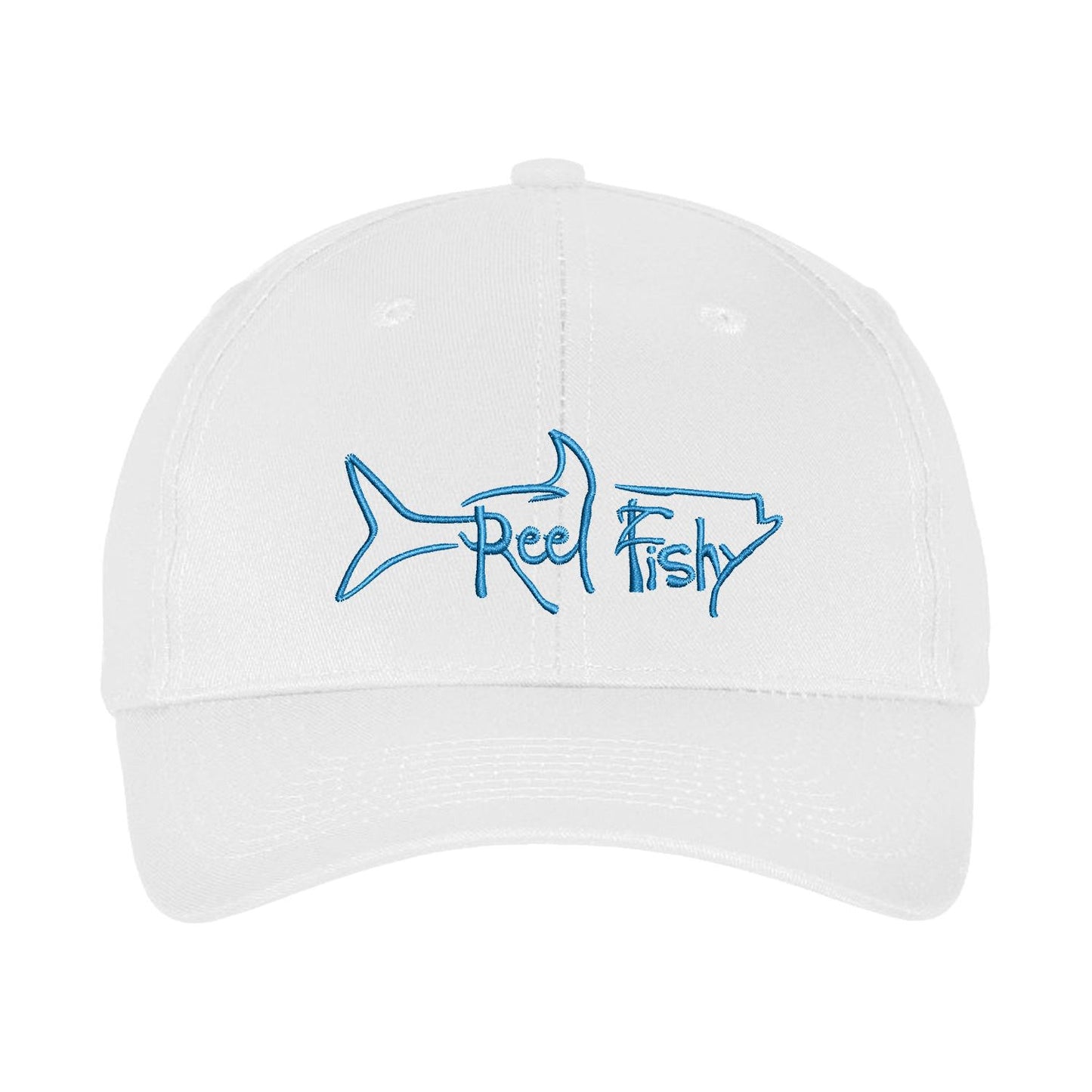 White Unstructured Dad Hat with Turquoise Reel Fishy Tarpon Logo