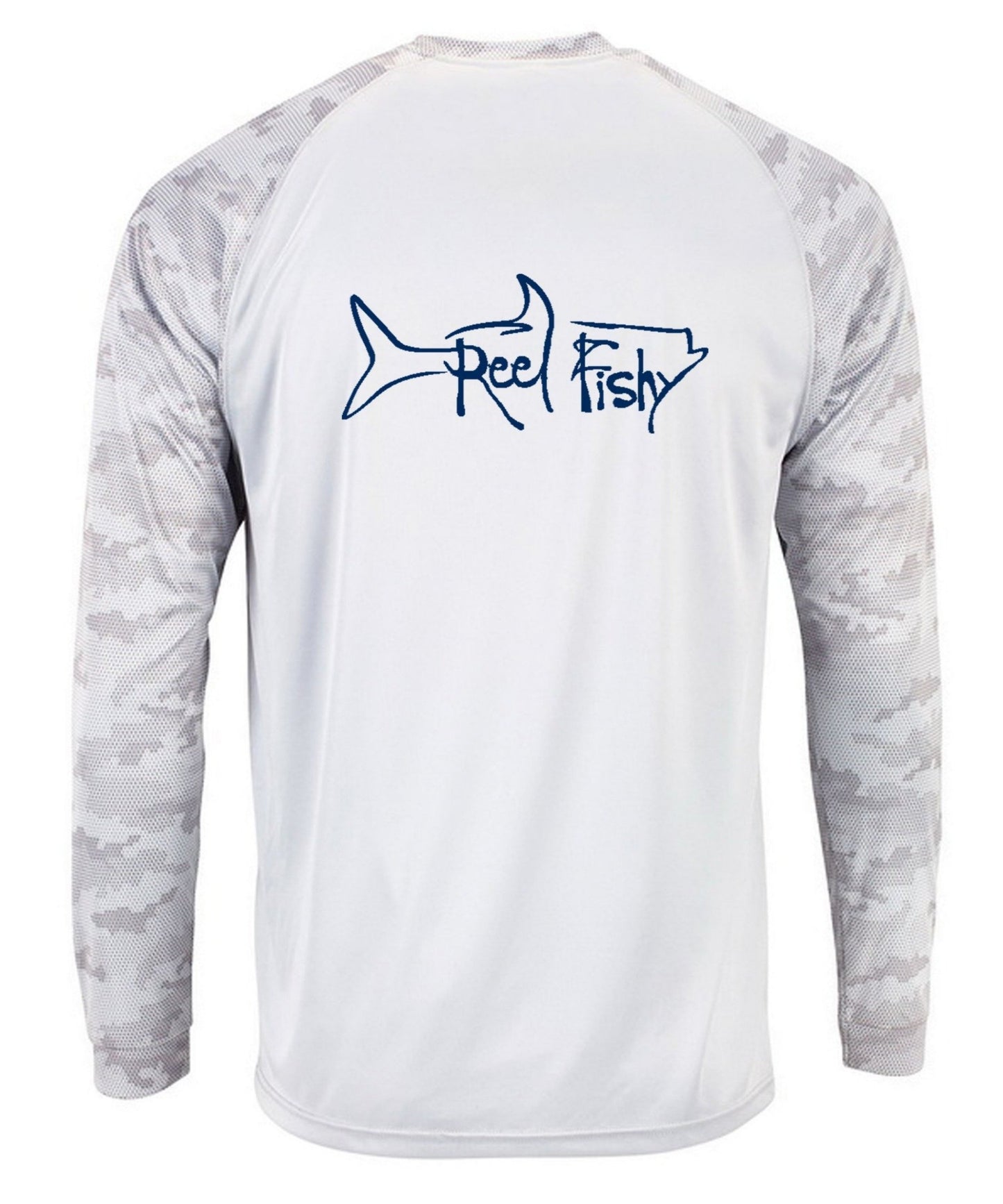 Reel Fishy Tarpon Digital Camo Dry-Fit Long Sleeve Shirt in White color with 50+ UPF protection