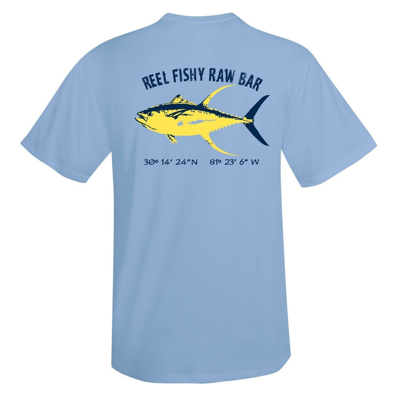 Reel Fishy Raw Bar Tuna Performance Dry-Fit Short Sleeve in Light Blue