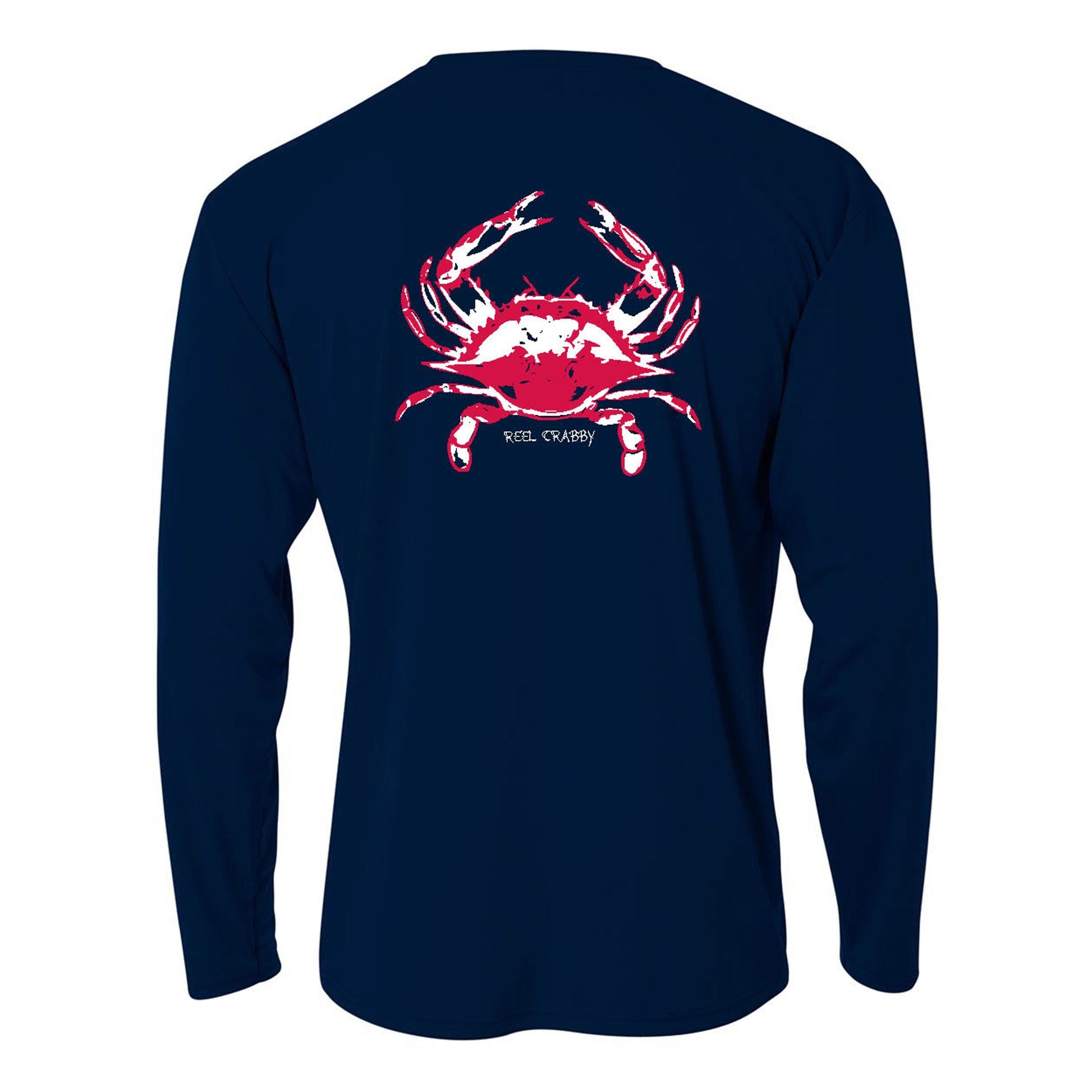 Kids' navy long sleeve performance shirt with Blue Crab "Reel Crabby" design