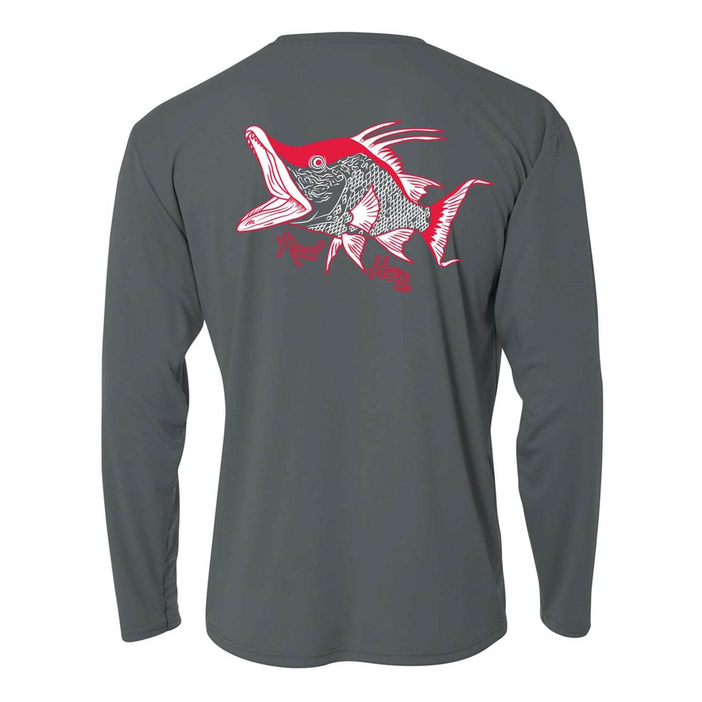 Kids charcoal long sleeve performance shirt with Hogfish "Reef Hog" design