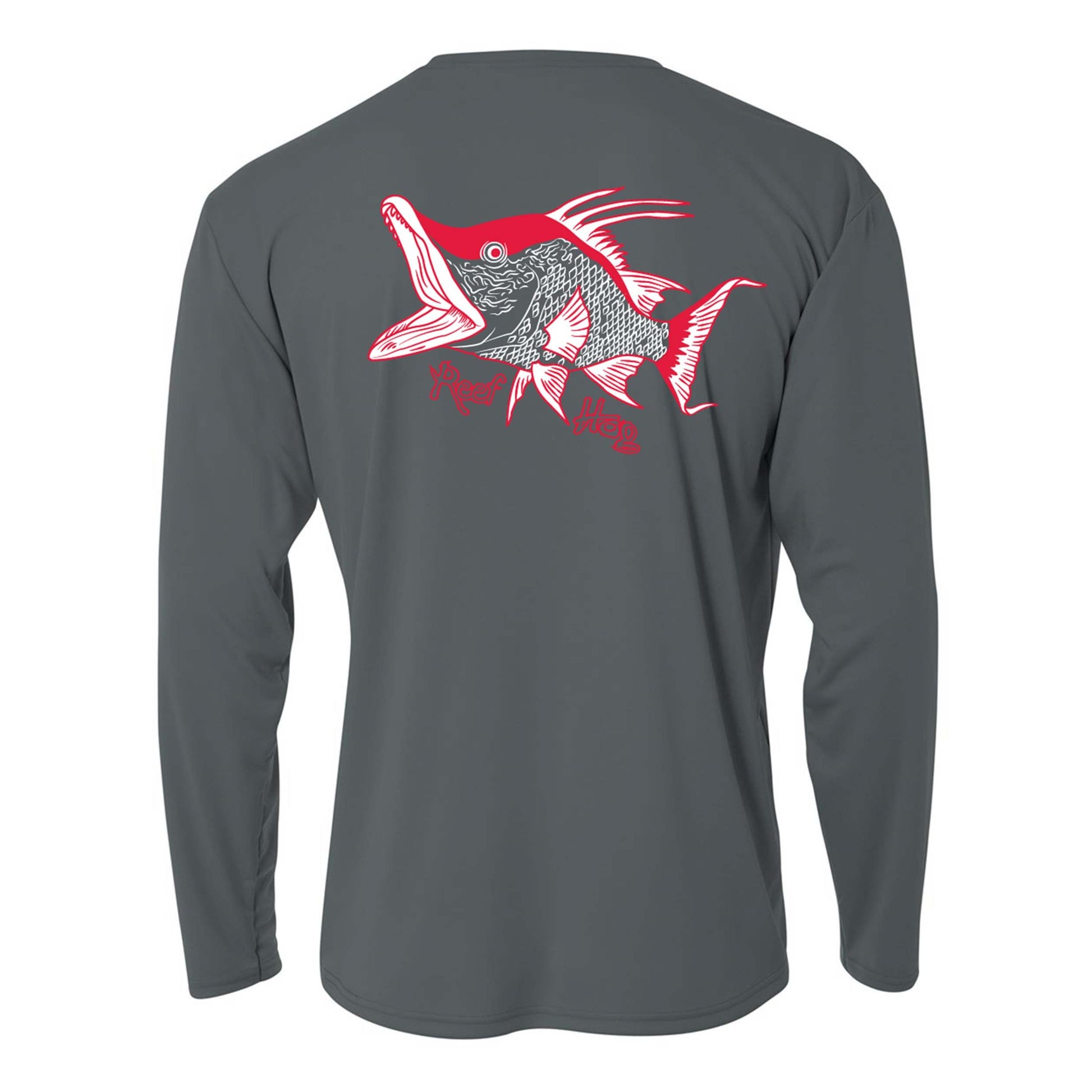 Kids charcoal long sleeve performance shirt with Hogfish "Reef Hog" design