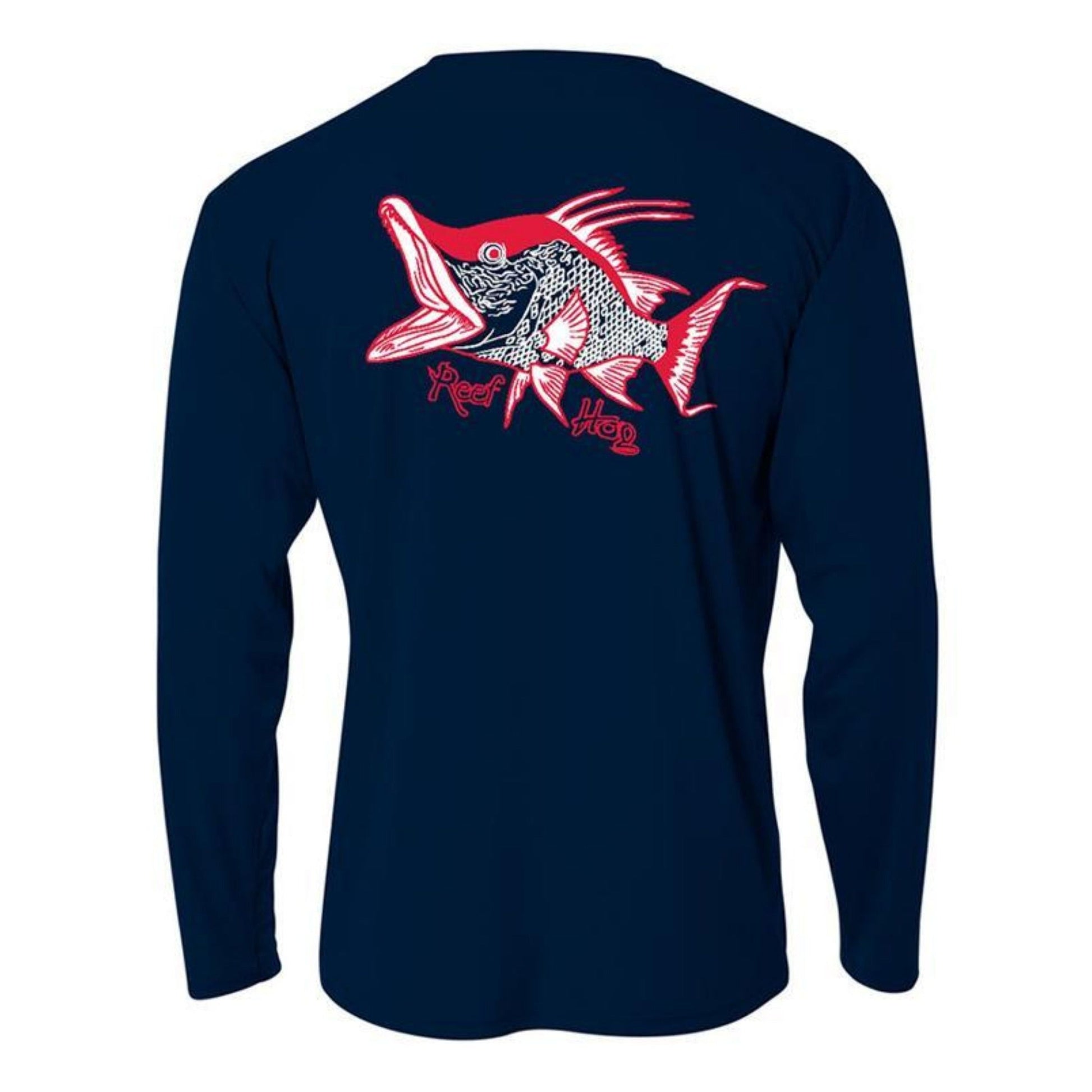 Kids navy long sleeve performance shirt with Hogfish "Reef Hog" design