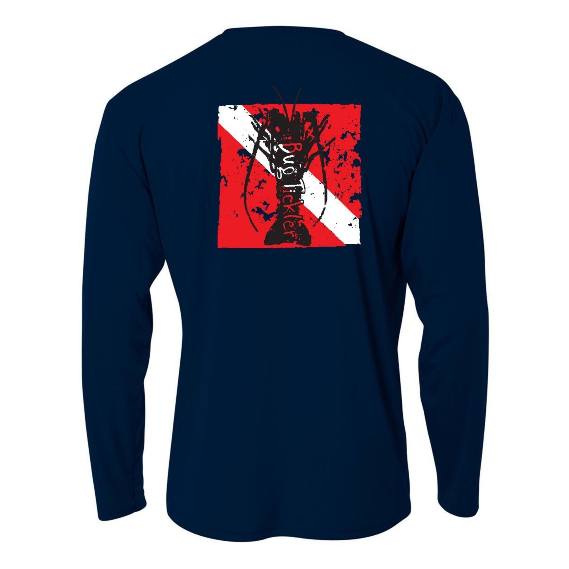 Kids navy long sleeve performance shirt with Lobster "Bug Tickler" design