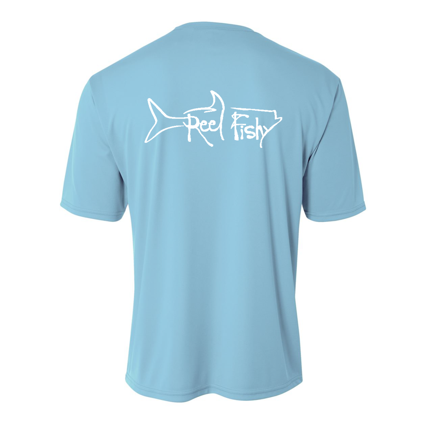 Kids’ short sleeve Carolina Blue performance shirt featuring Reel Fishy Tarpon design on the back.