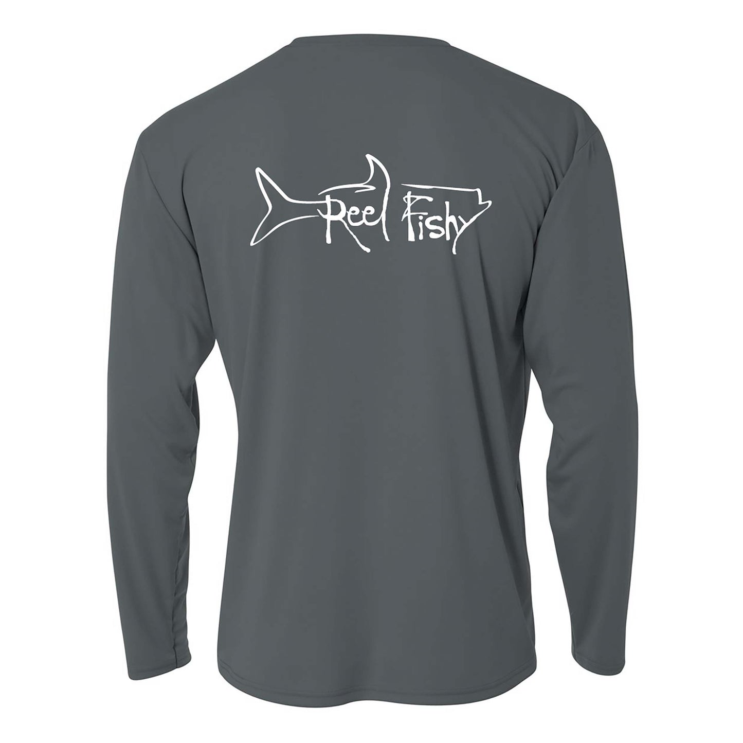 Kids’ long sleeve charcoal performance shirt featuring Reel Fishy Tarpon design on the back.