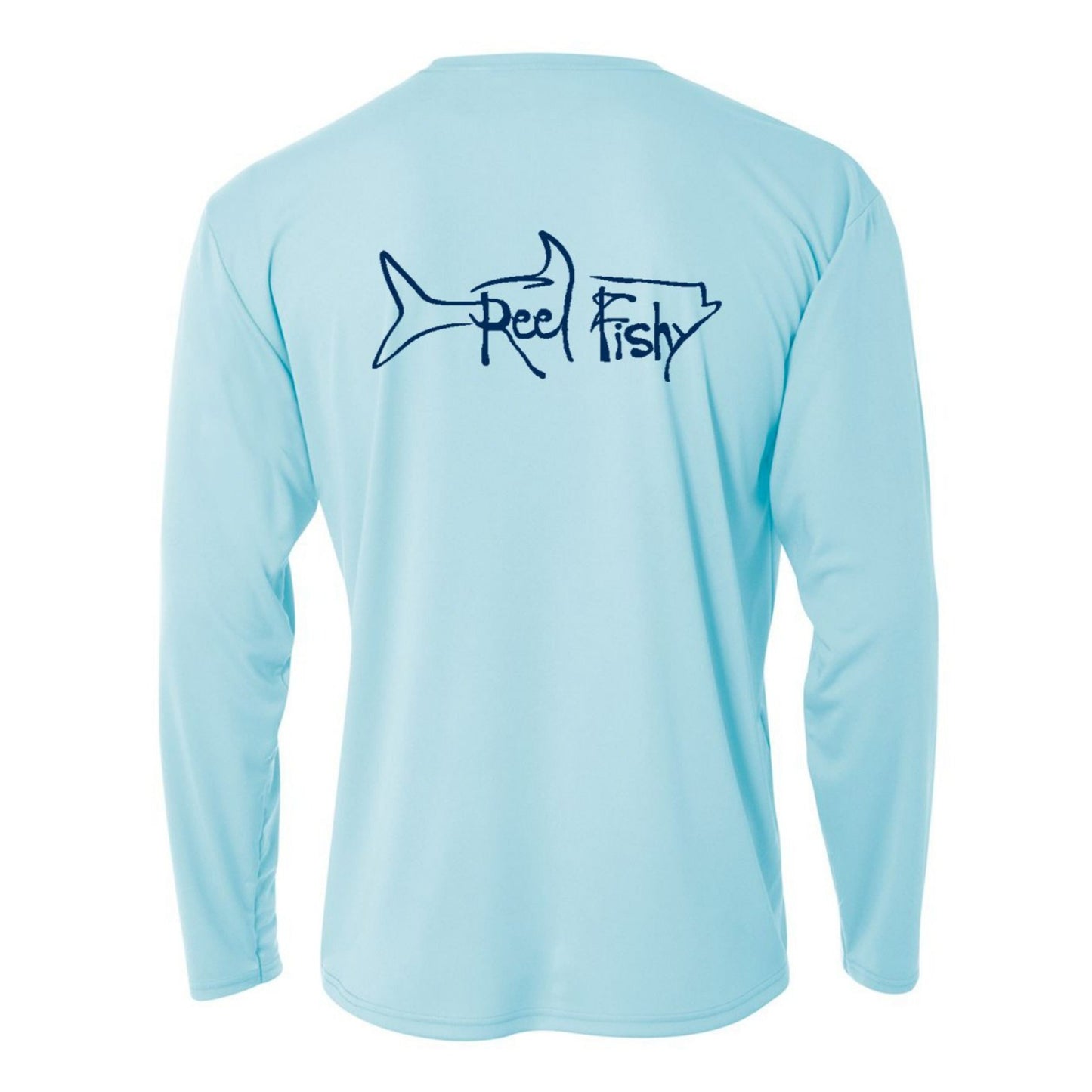 Kids’ long sleeve light blue performance shirt featuring Reel Fishy Tarpon design on the back.