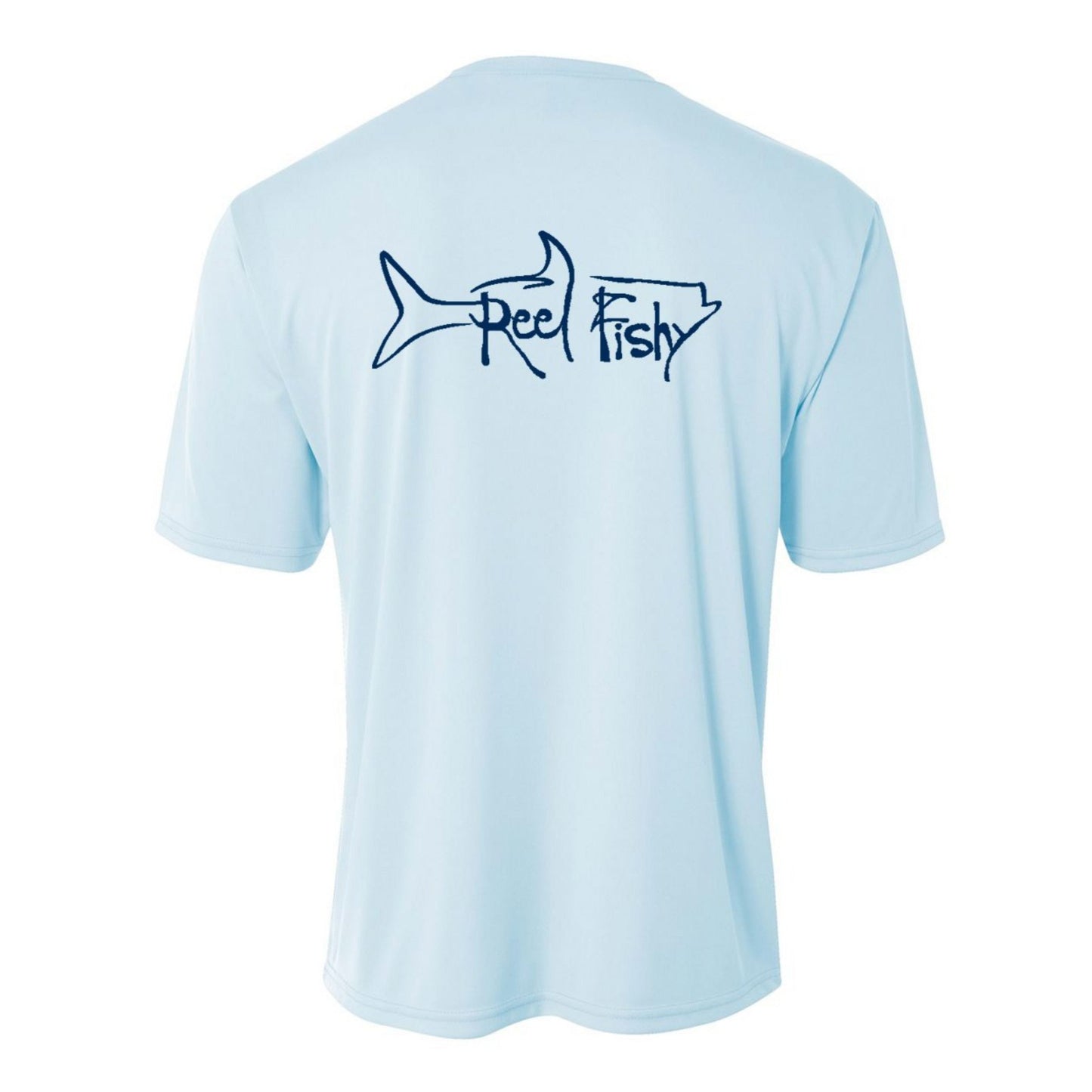 Kids’ short sleeve light blue performance shirt featuring Reel Fishy Tarpon design on the back.