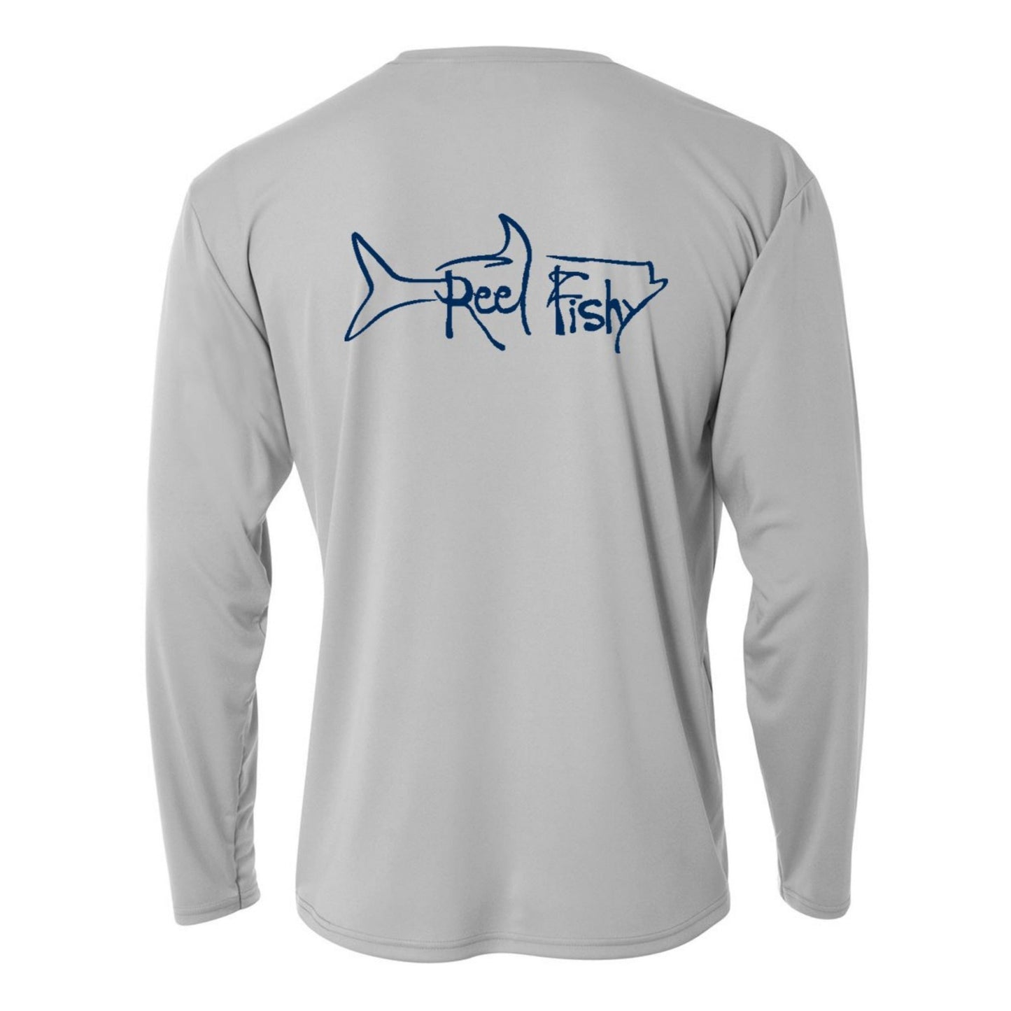 Kids’ long sleeve light gray performance shirt featuring Reel Fishy Tarpon design on the back.