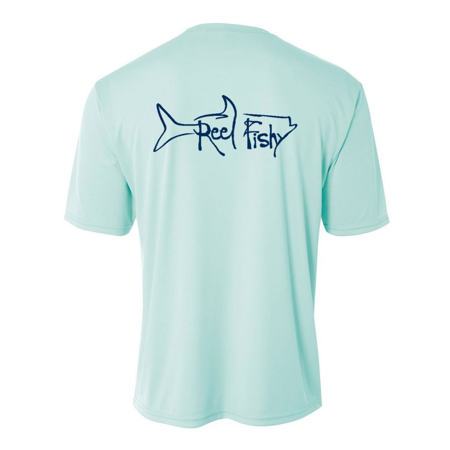 Kids’ short sleeve mint green performance shirt featuring Reel Fishy Tarpon design on the back.