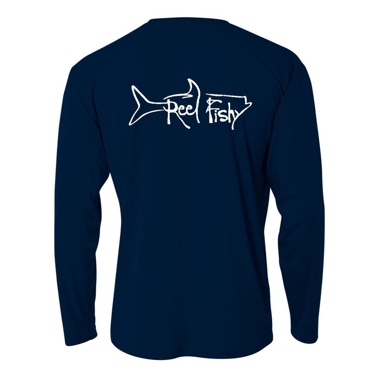 Kids’ long sleeve navy performance shirt featuring Reel Fishy Tarpon design on the back.