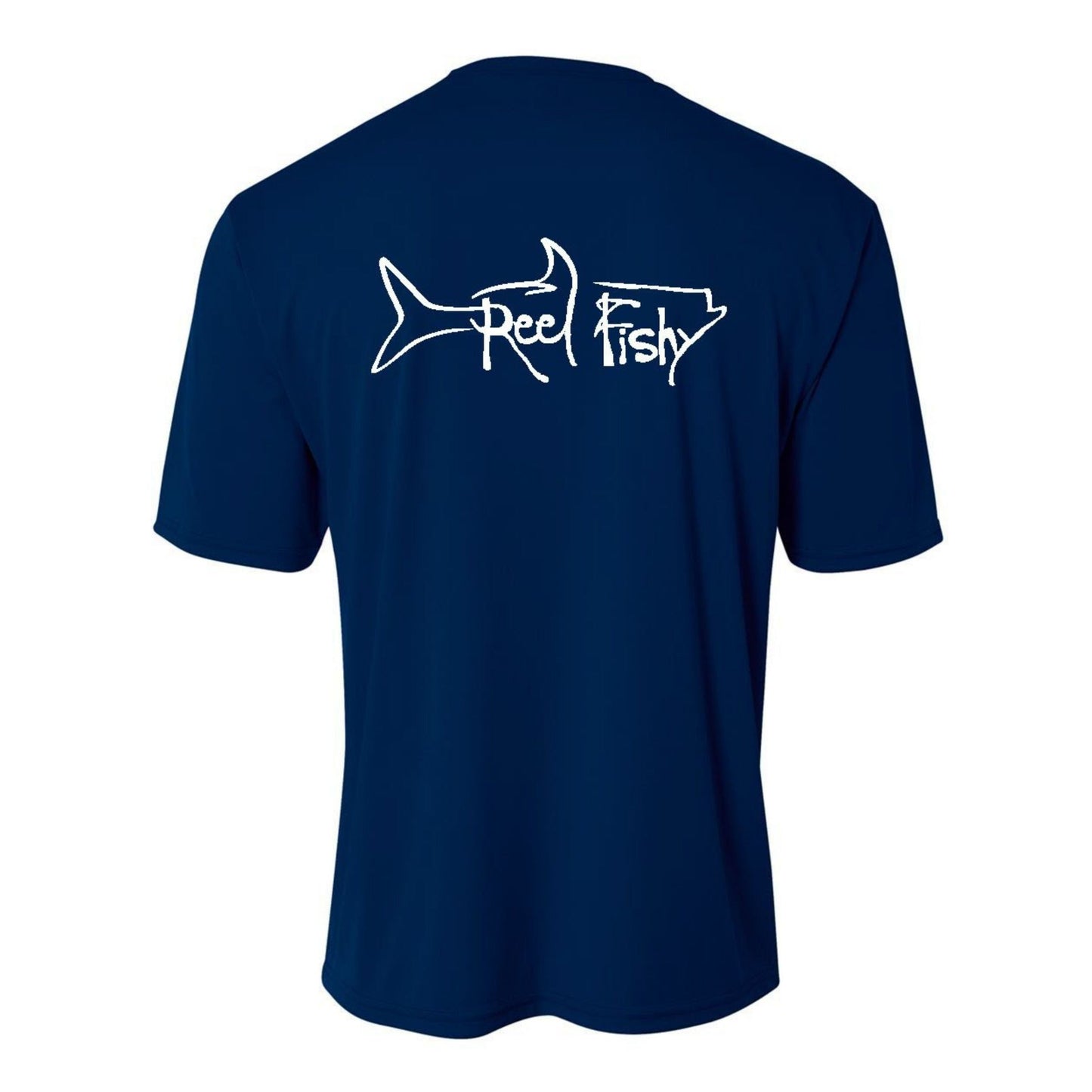 Kids’ short sleeve navy performance shirt featuring Reel Fishy Tarpon design on the back.