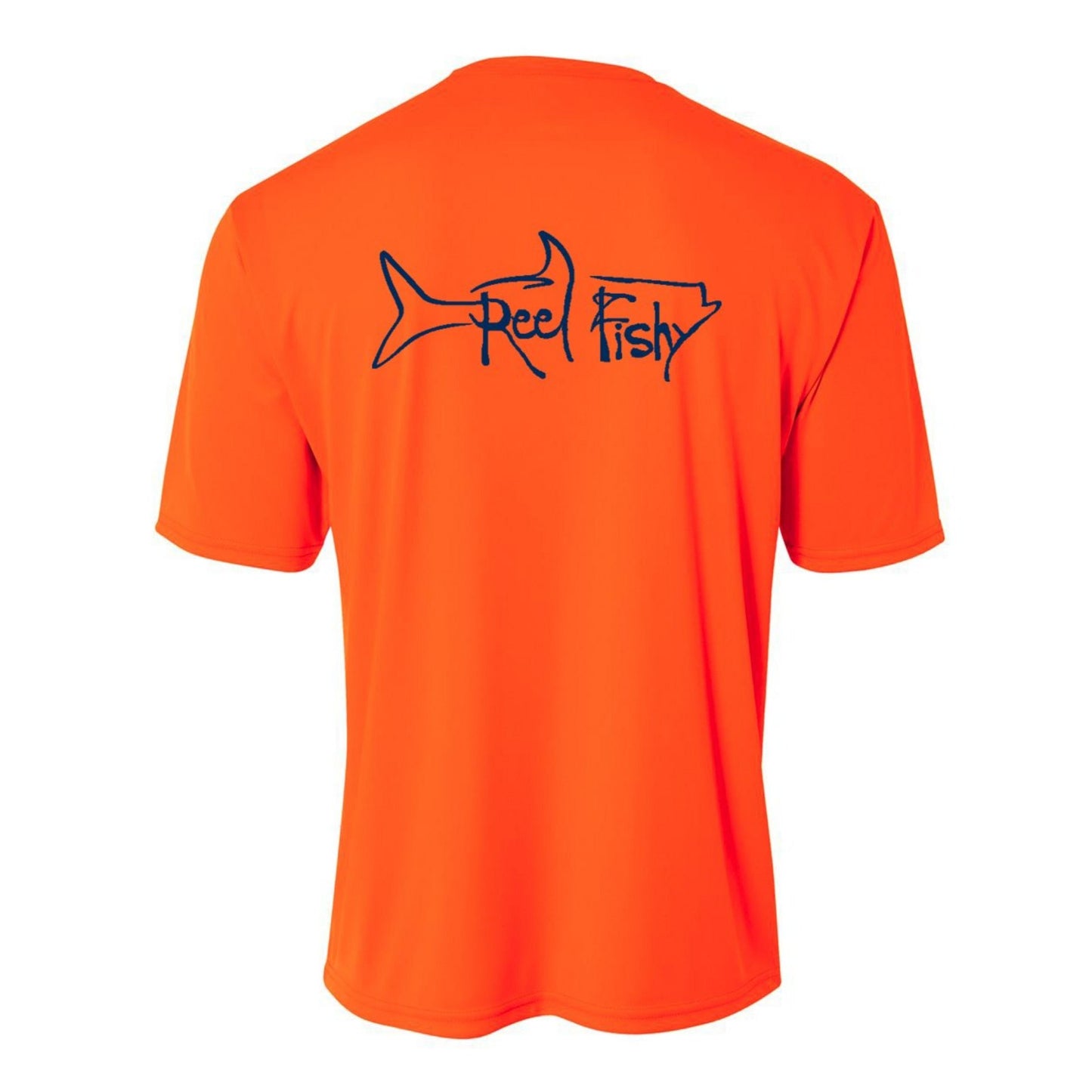 Kids’ short sleeve neon orange performance shirt featuring Reel Fishy Tarpon design on the back.