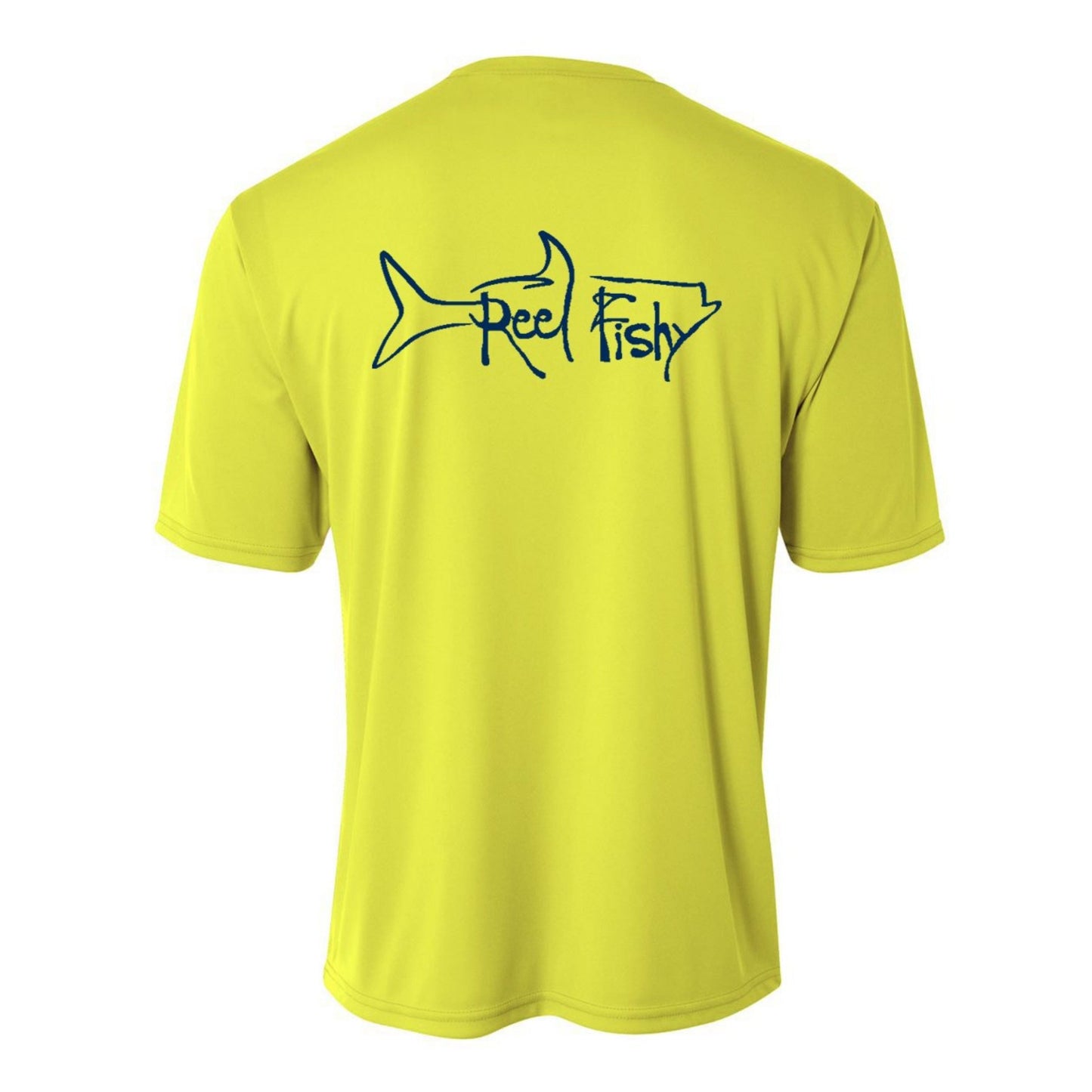 Kids’ short sleeve neon yellow performance shirt featuring Reel Fishy Tarpon design on the back.