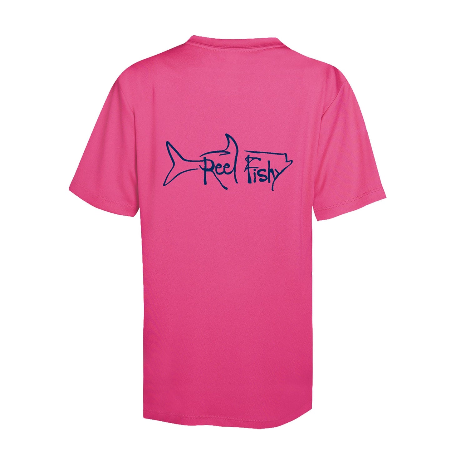 Kids’ short sleeve pink performance shirt featuring Reel Fishy Tarpon design on the back.