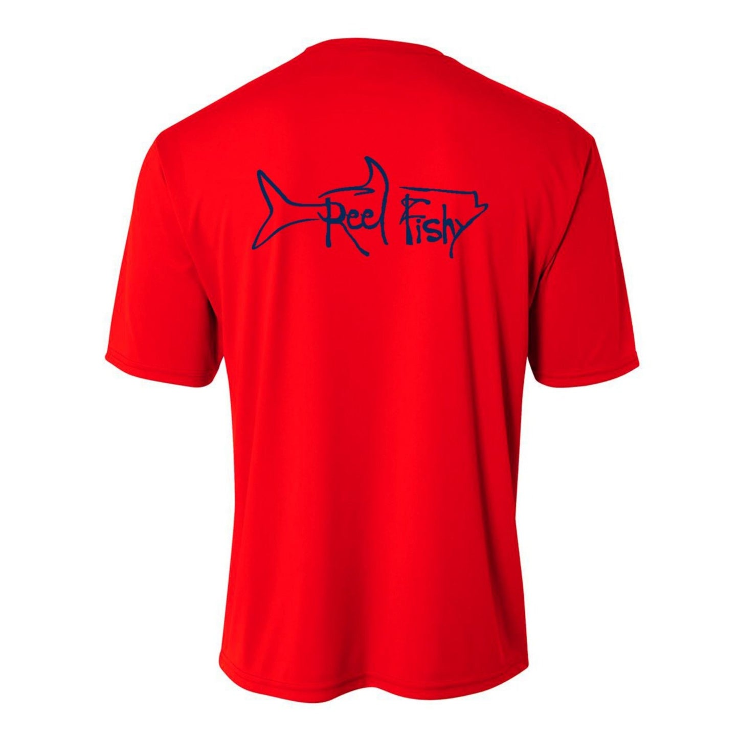Kids’ short sleeve red performance shirt featuring Reel Fishy Tarpon design on the back.
