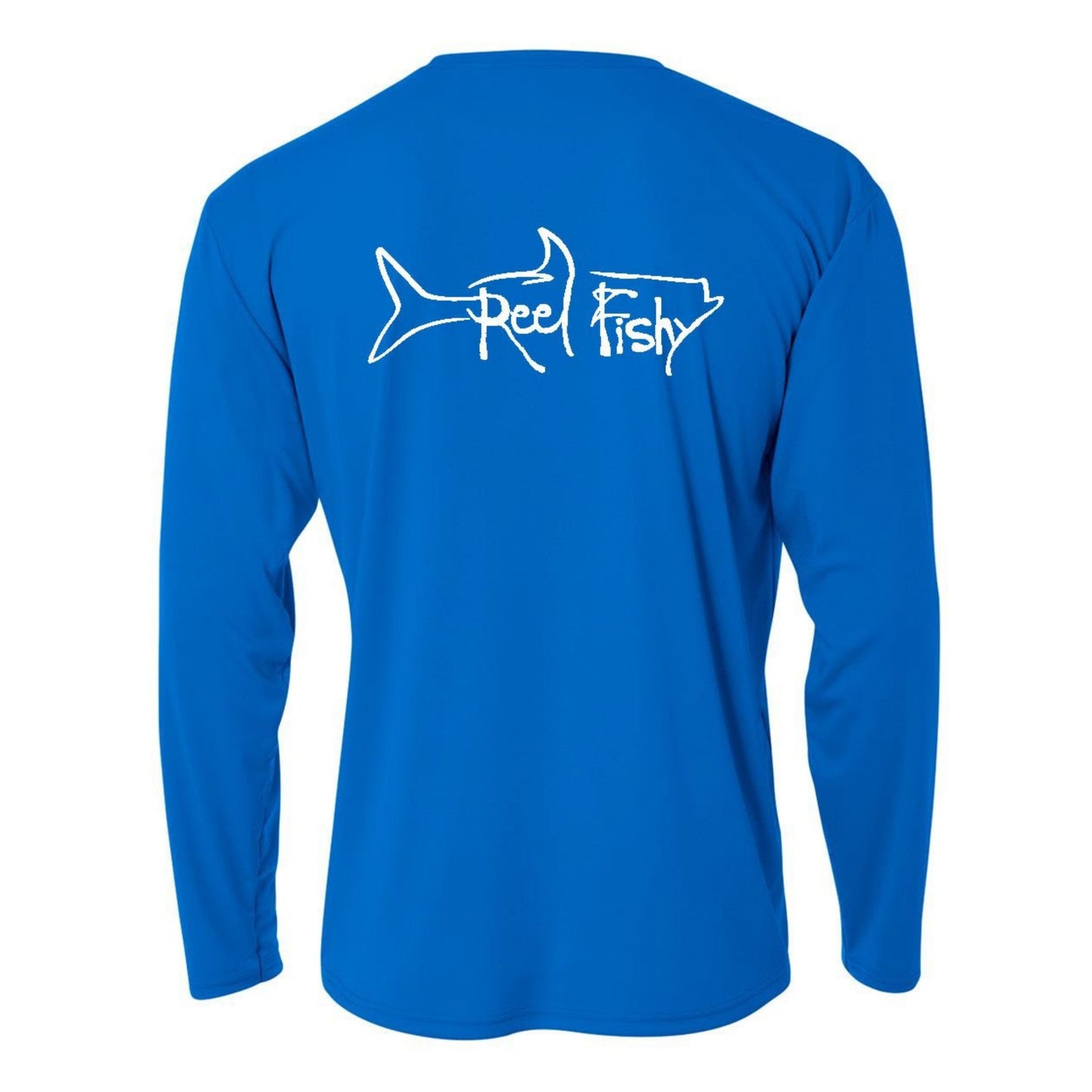 Kids’ long sleeve royal blue performance shirt featuring Reel Fishy Tarpon design on the back.