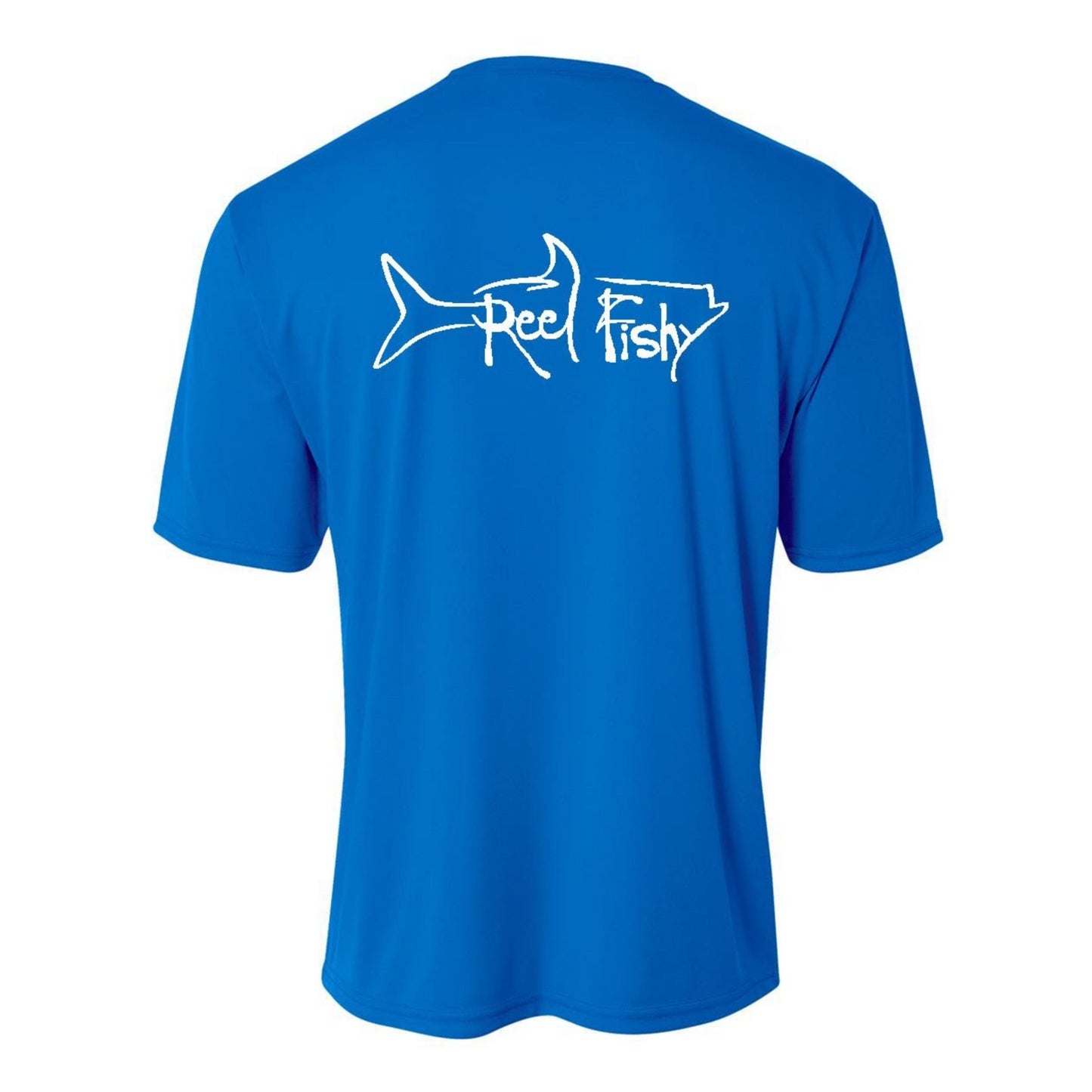 Kids’ short sleeve royal blue performance shirt featuring Reel Fishy Tarpon design on the back.