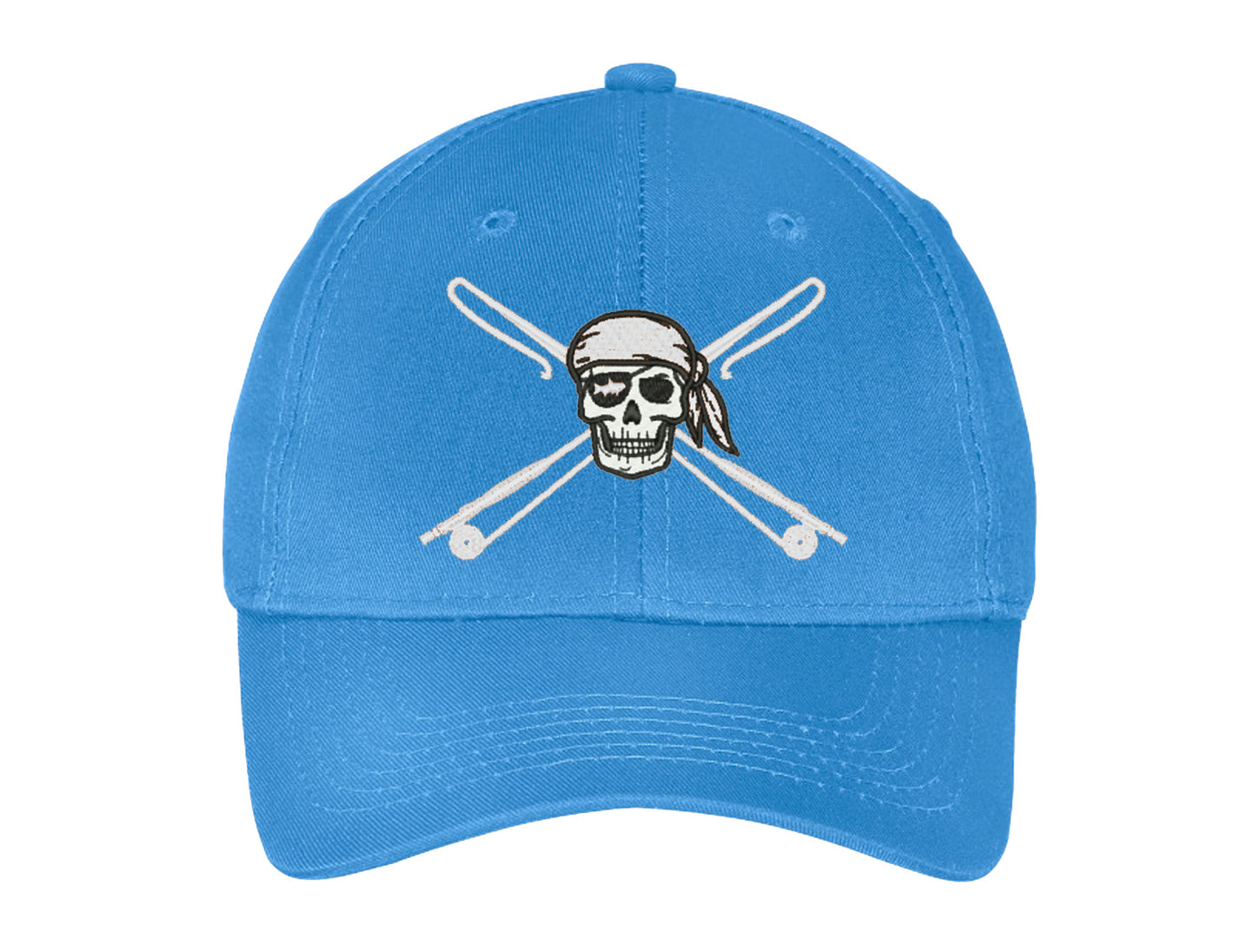 Kids fishing hat in Carolina Blue with Reel Fishy Apparel Skull & Fishing Rods logo