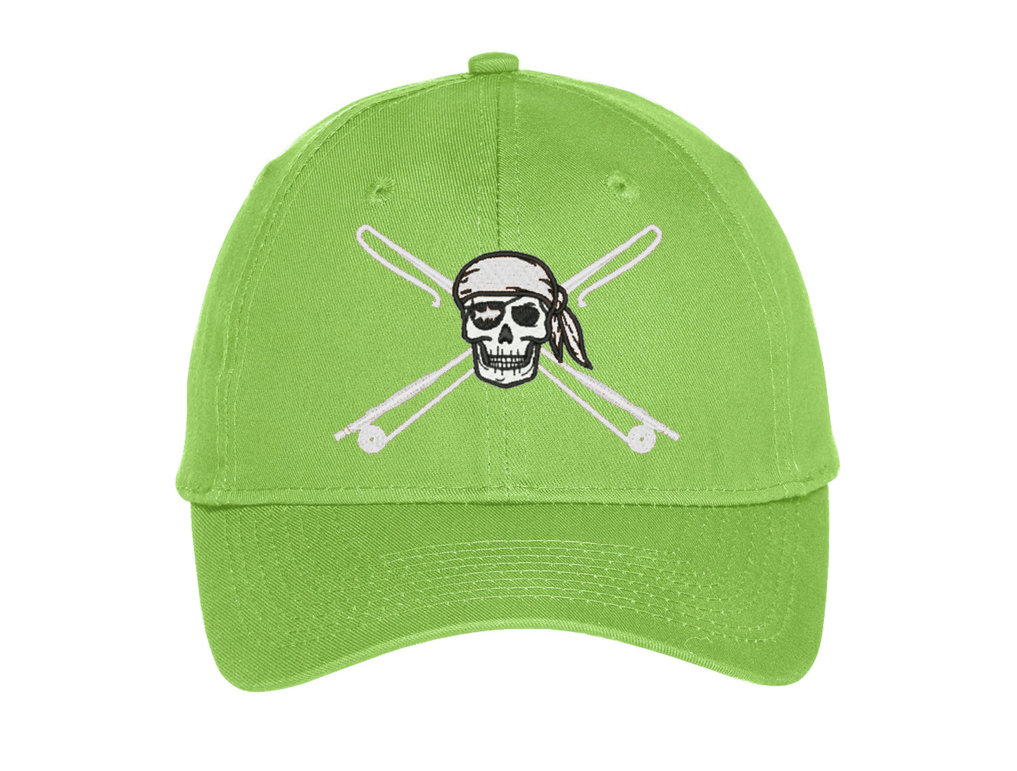 Kids fishing hat in lime green with Reel Fishy Apparel Skull & Fishing Rods logo