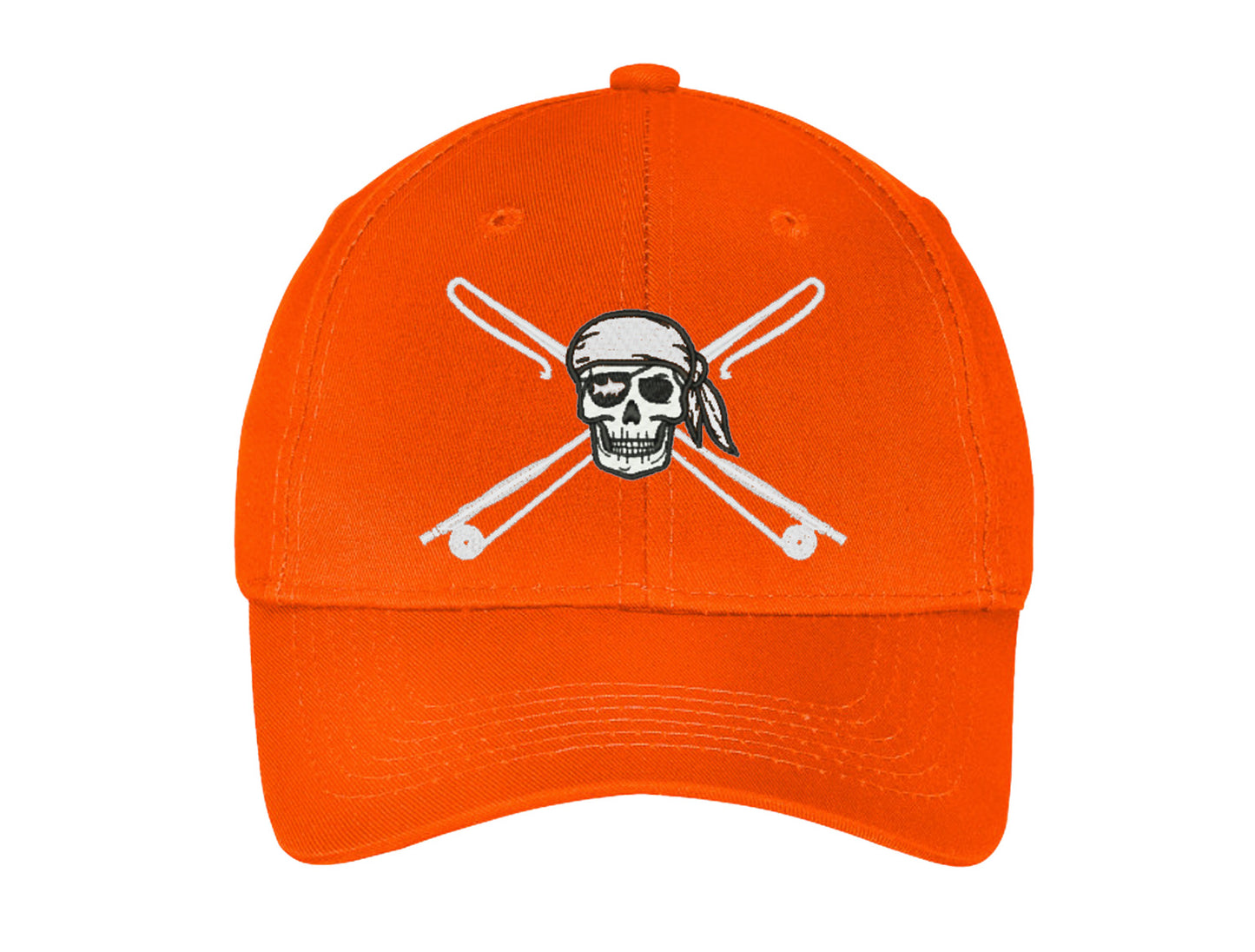 Kids fishing hat in orange with Reel Fishy Apparel Skull & Fishing Rods logo