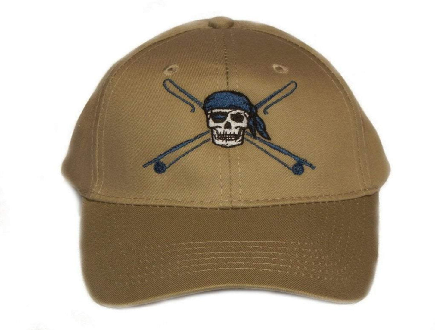 Kids fishing hat in khaki with Reel Fishy Apparel Skull & Fishing Rods logo