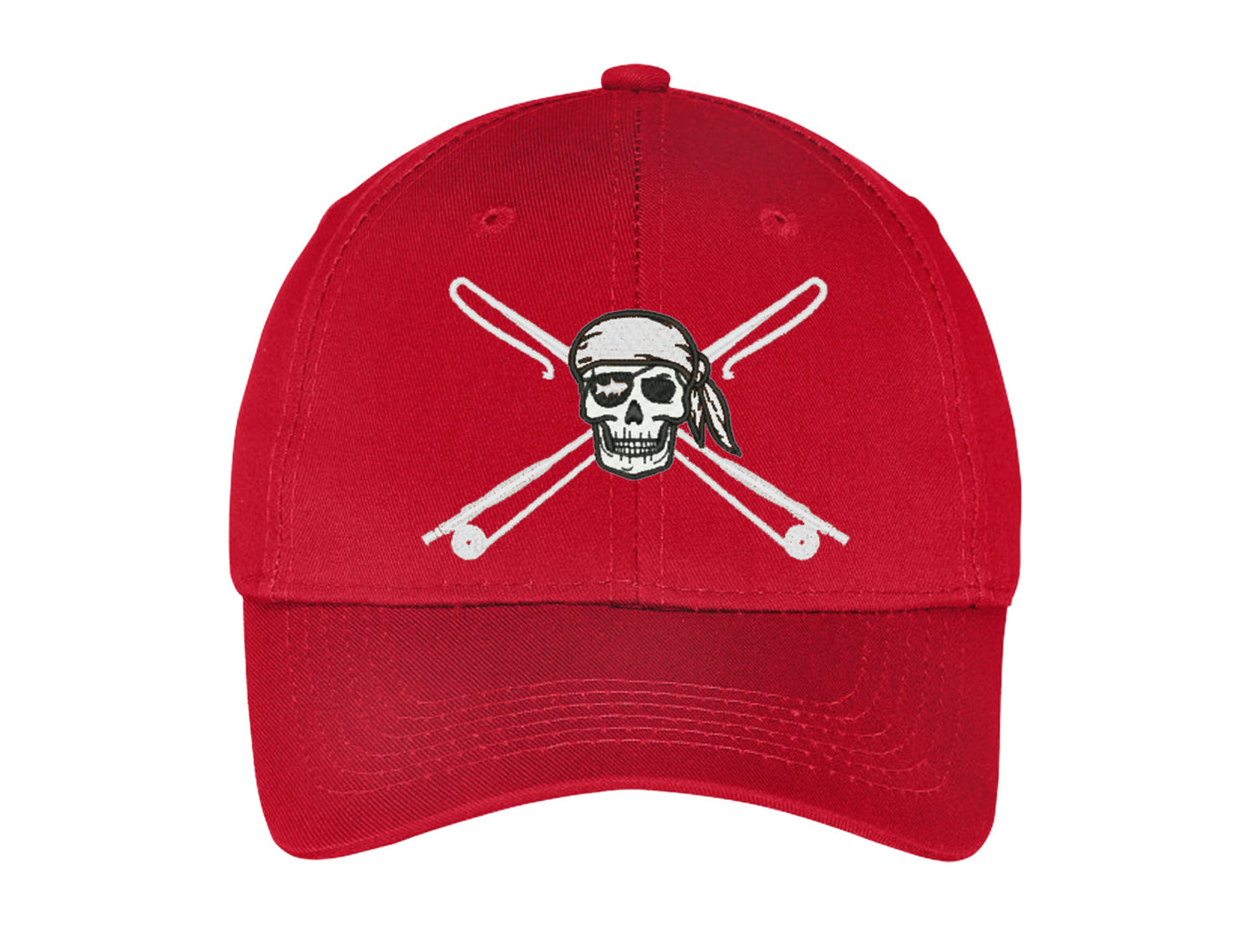 Kids fishing hat in red with Reel Fishy Apparel Skull & Fishing Rods logo
