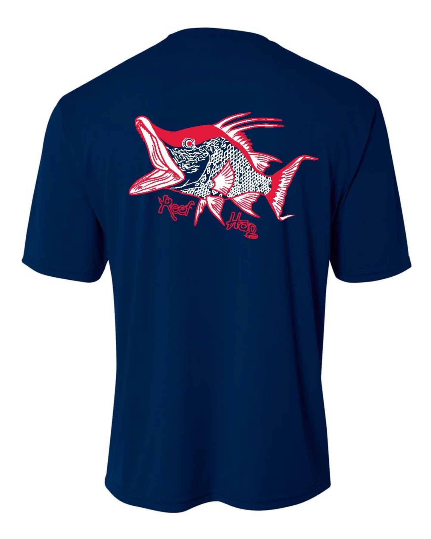 Youth navy performance 50+UV sun protection short sleeve shirt with hogfish design on back, Reel Fishy spearfishing logo on front.