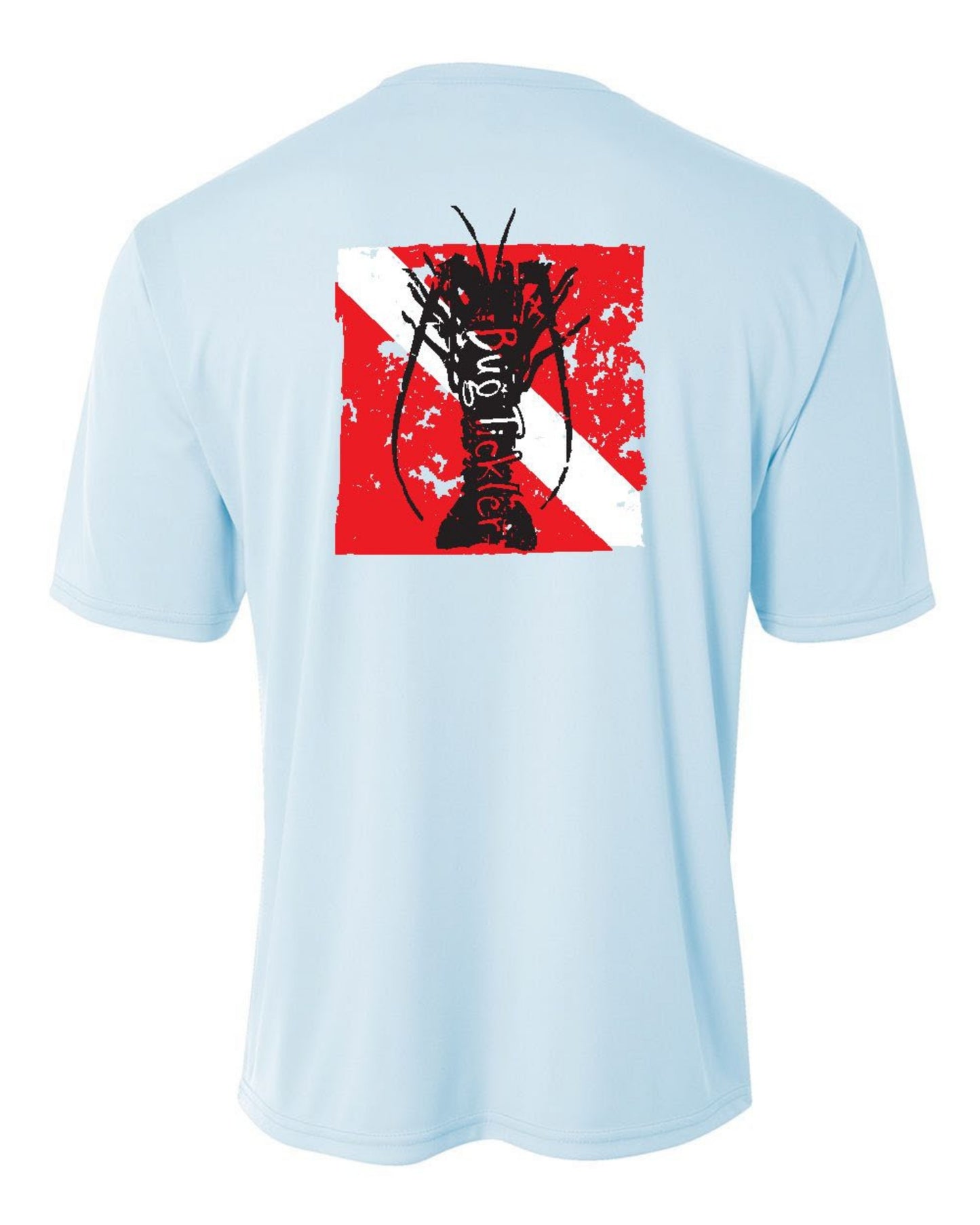 Youth light blue performance 50+UV sun protection short sleeve shirt with lobster in dive flag design on back, Reel Fishy tarpon on front.