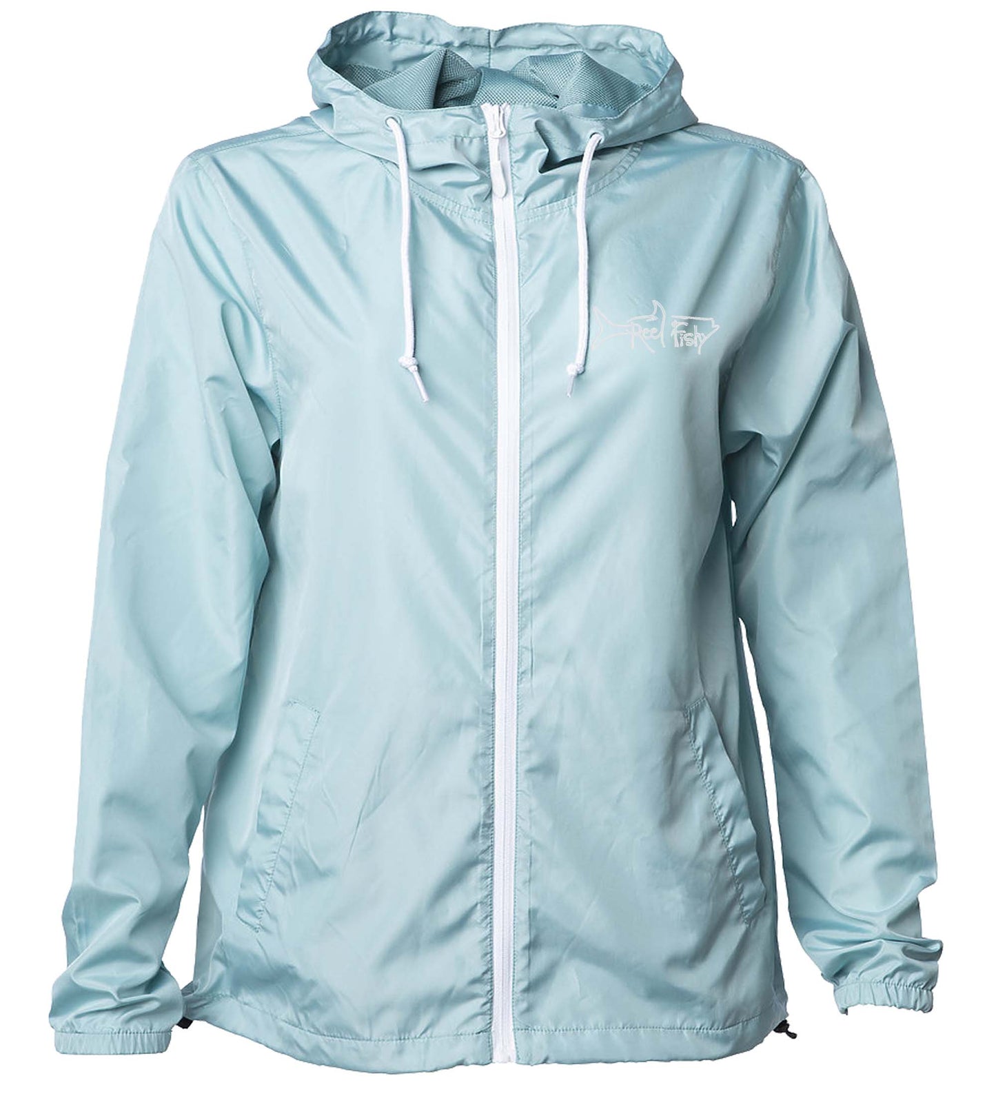 Aqua blue lightweight windbreaker jacket with hood, water resistant, full zip front closure