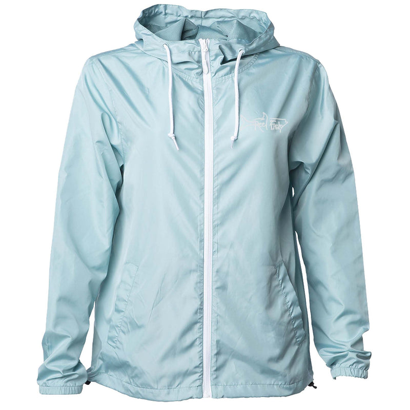 Aqua blue lightweight windbreaker jacket with hood, water resistant, full zip front closure