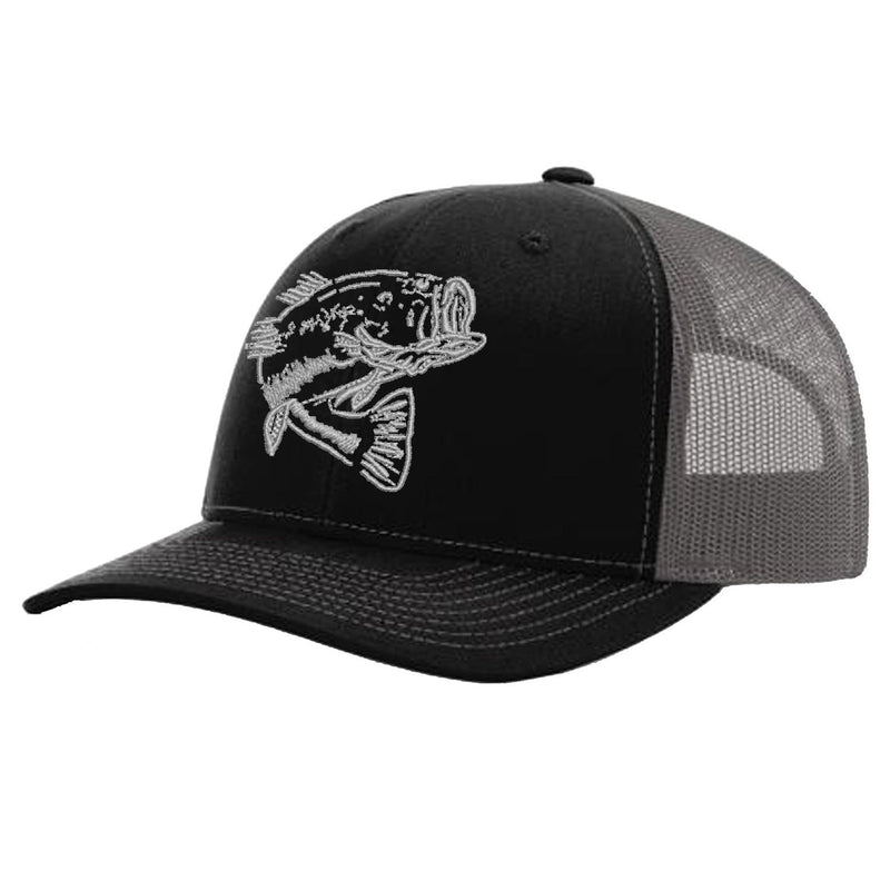 Charcoal Bass on Black with Charcoal Mesh Trucker Hat with Richardson 112 by Reel Fishy Apparel