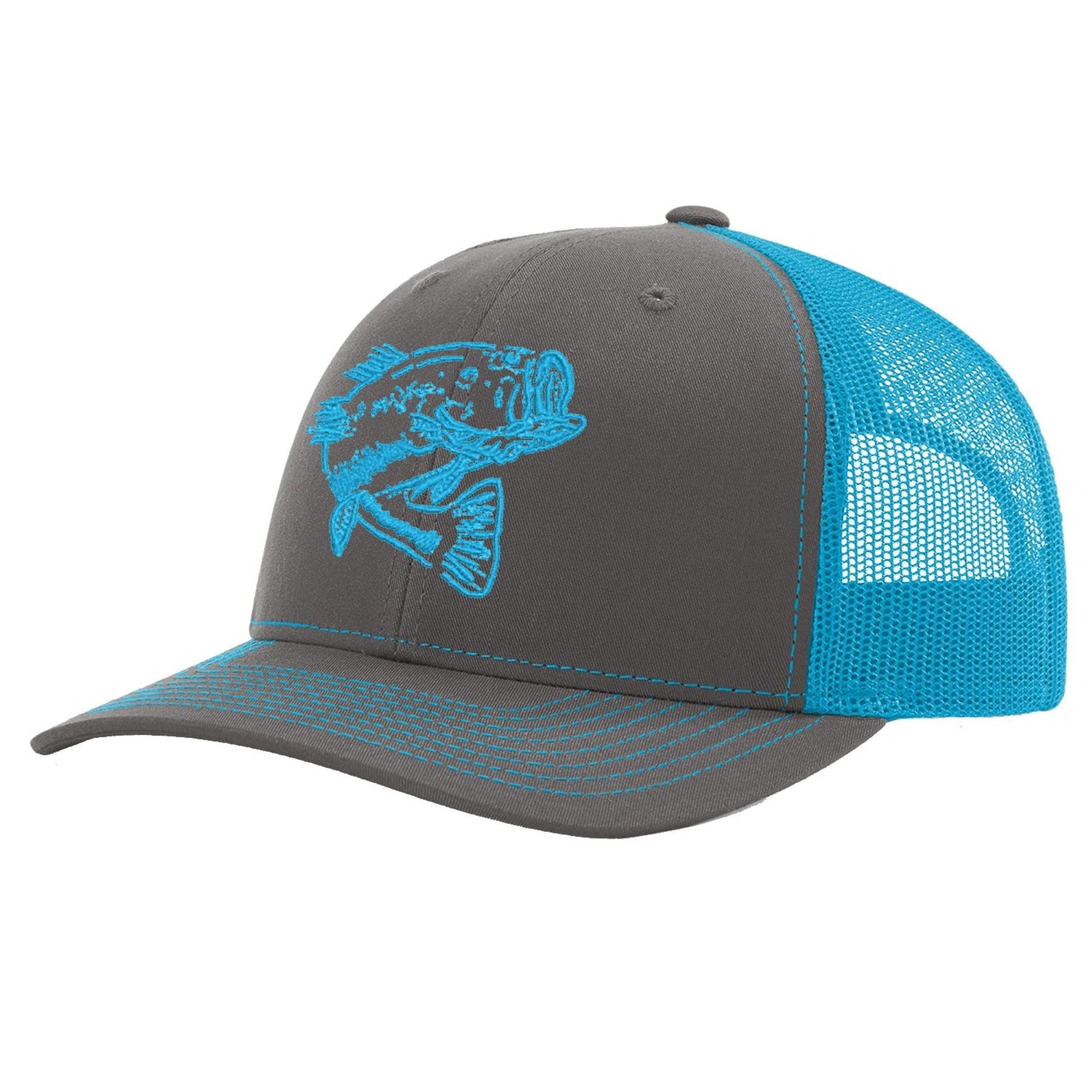 Bass Charcoal with Neon Blue Mesh Trucker Hat on Richardson 112 by Reel Fishy Apparel