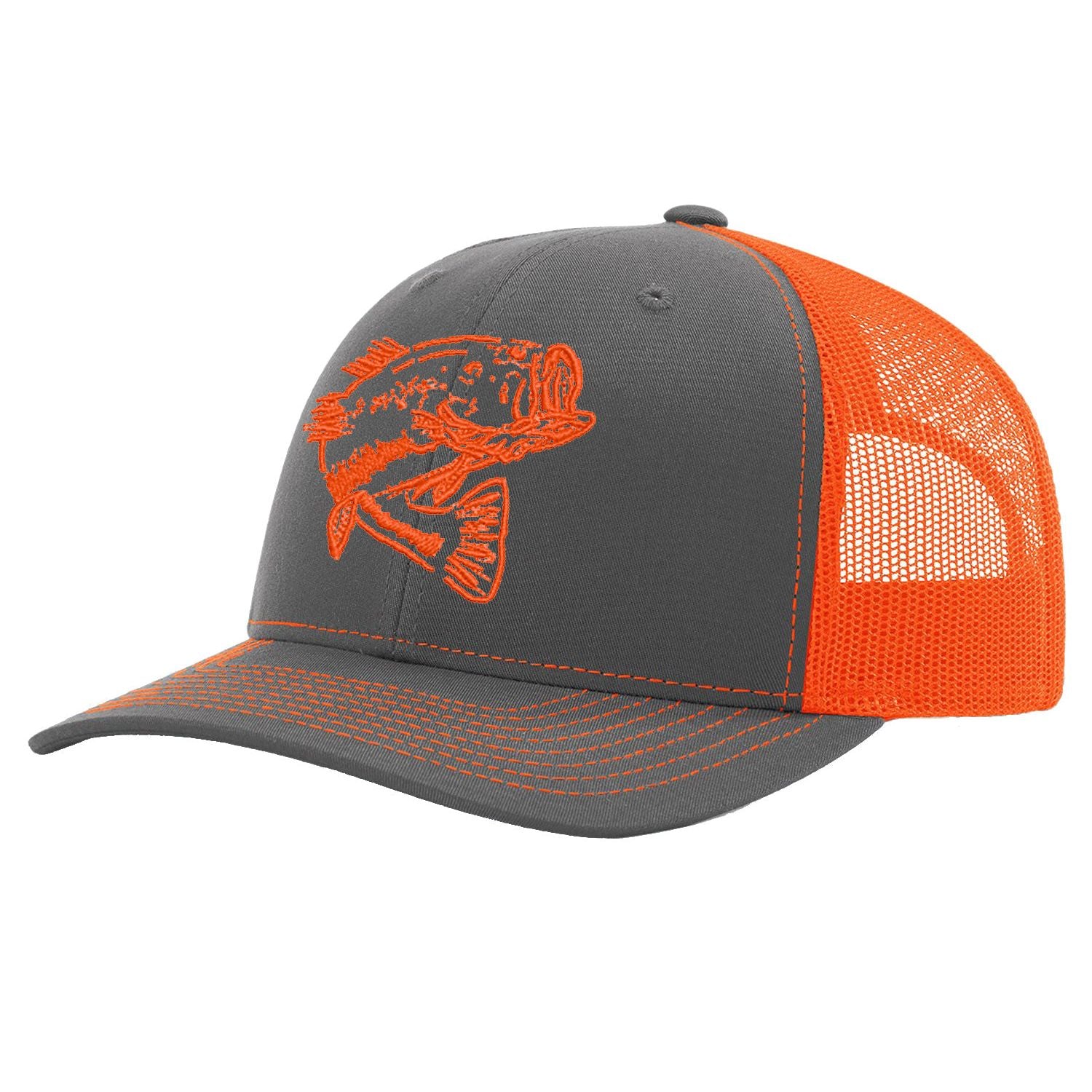 Bass Charcoal with Neon Orange Mesh Trucker Hat on Richardson 112 by Reel Fishy Apparel