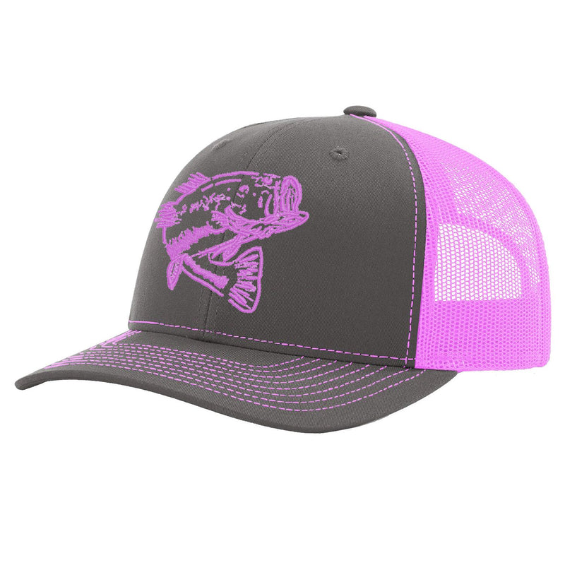 Bass Charcoal with Neon Pink Mesh Trucker Hat on Richardson 112 by Reel Fishy Apparel