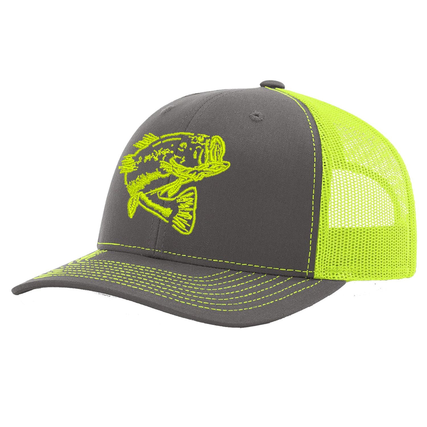 Bass Charcoal with Neon Yellow Mesh Trucker Hat on Richardson 112 by Reel Fishy Apparel