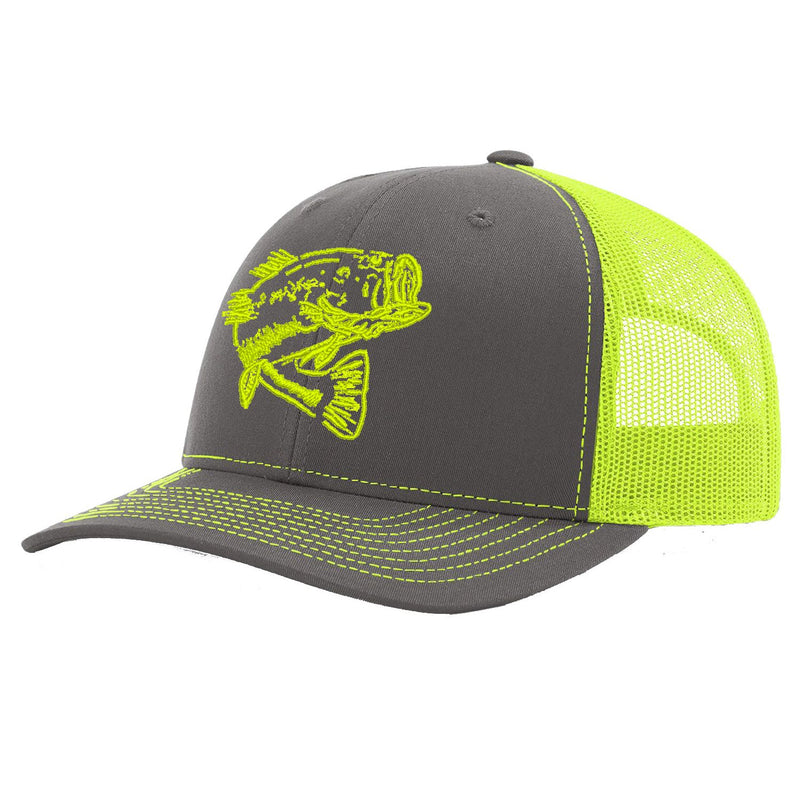 Bass Charcoal with Neon Yellow Mesh Trucker Hat on Richardson 112 by Reel Fishy Apparel
