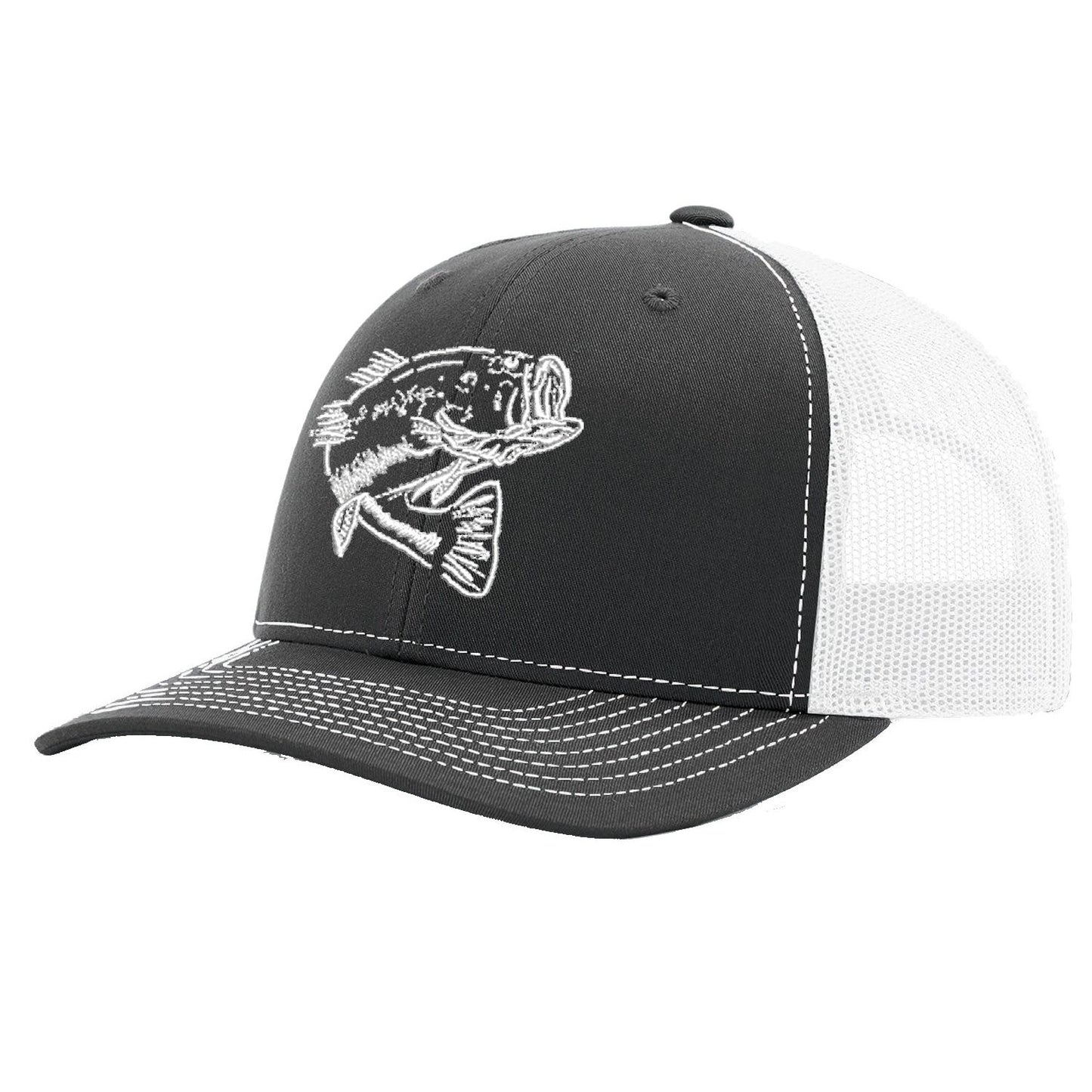 Bass Charcoal with White Mesh Trucker Hat on Richardson 112 by Reel Fishy Apparel