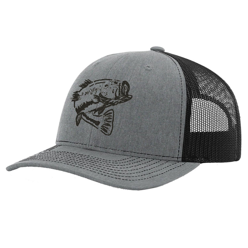 Bass Heather Gray with Black Mesh Trucker Hat on Richardson 112 by Reel Fishy Apparel