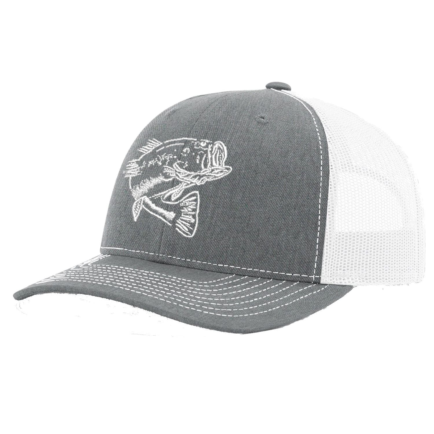 Bass Heather Gray with White Mesh Trucker Hat on Richardson 112 by Reel Fishy Apparel