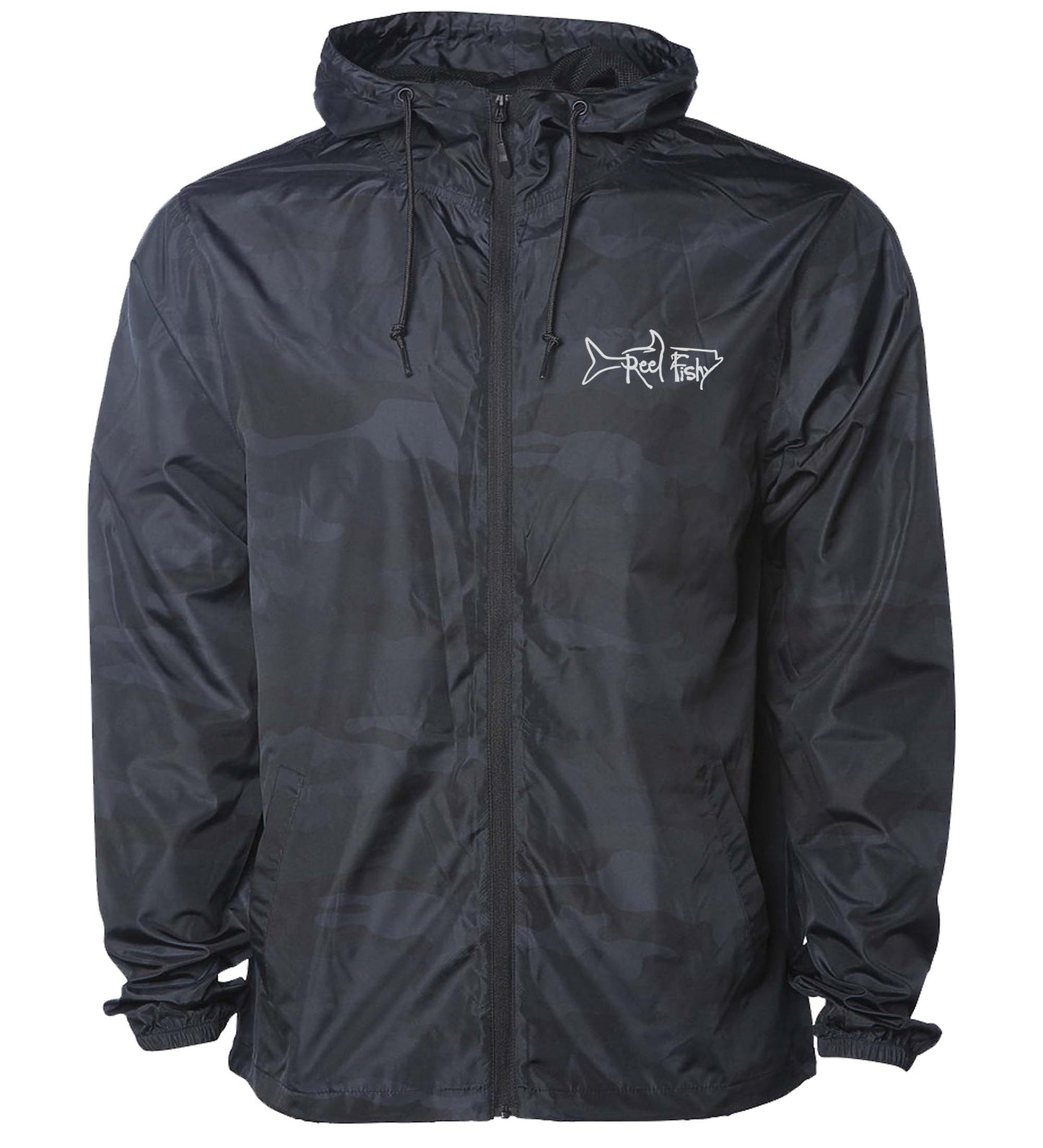 Black camo lightweight windbreaker jacket with hood, water resistant, full zip front closure