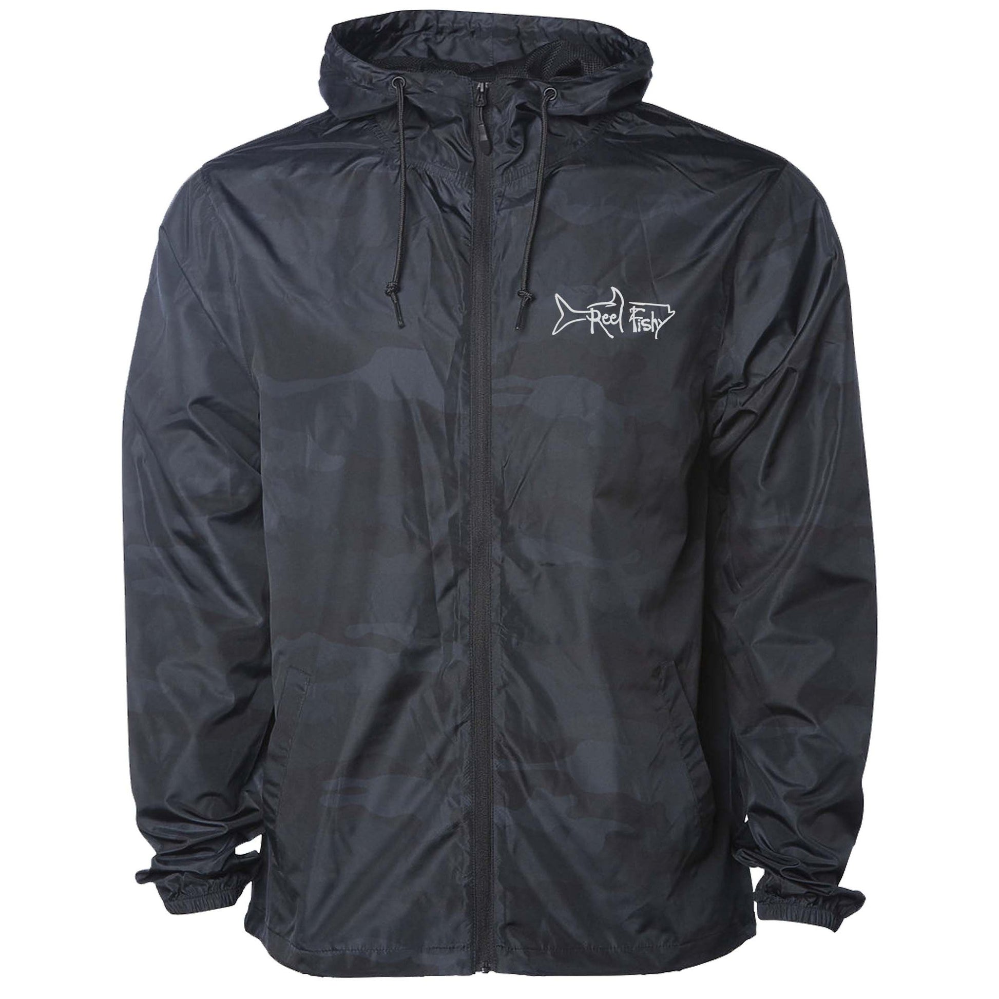 Black camo lightweight windbreaker jacket with hood, water resistant, full zip front closure