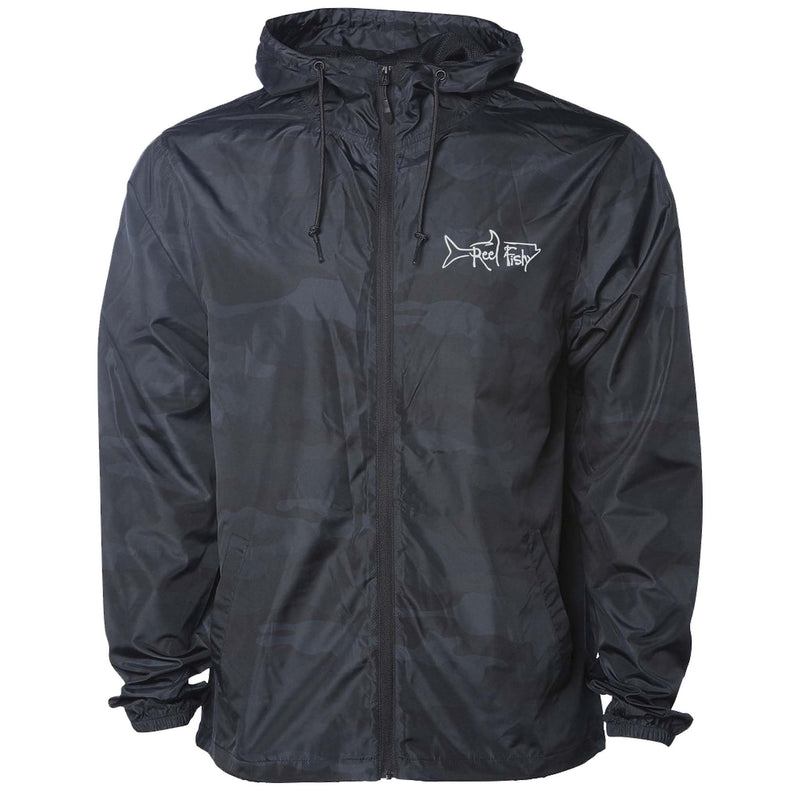 Black camo lightweight windbreaker jacket with hood, water resistant, full zip front closure