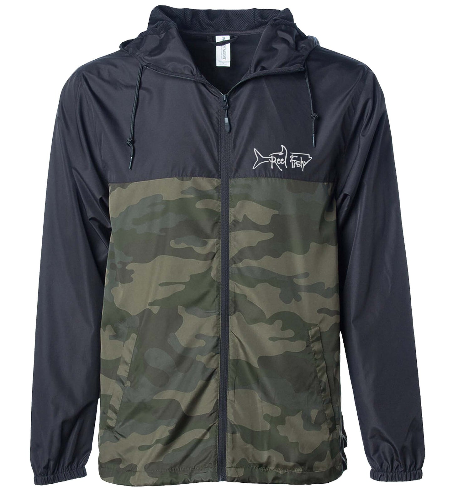 Black Forest Camo lightweight windbreaker jacket with hood, water resistant, full zip front closure