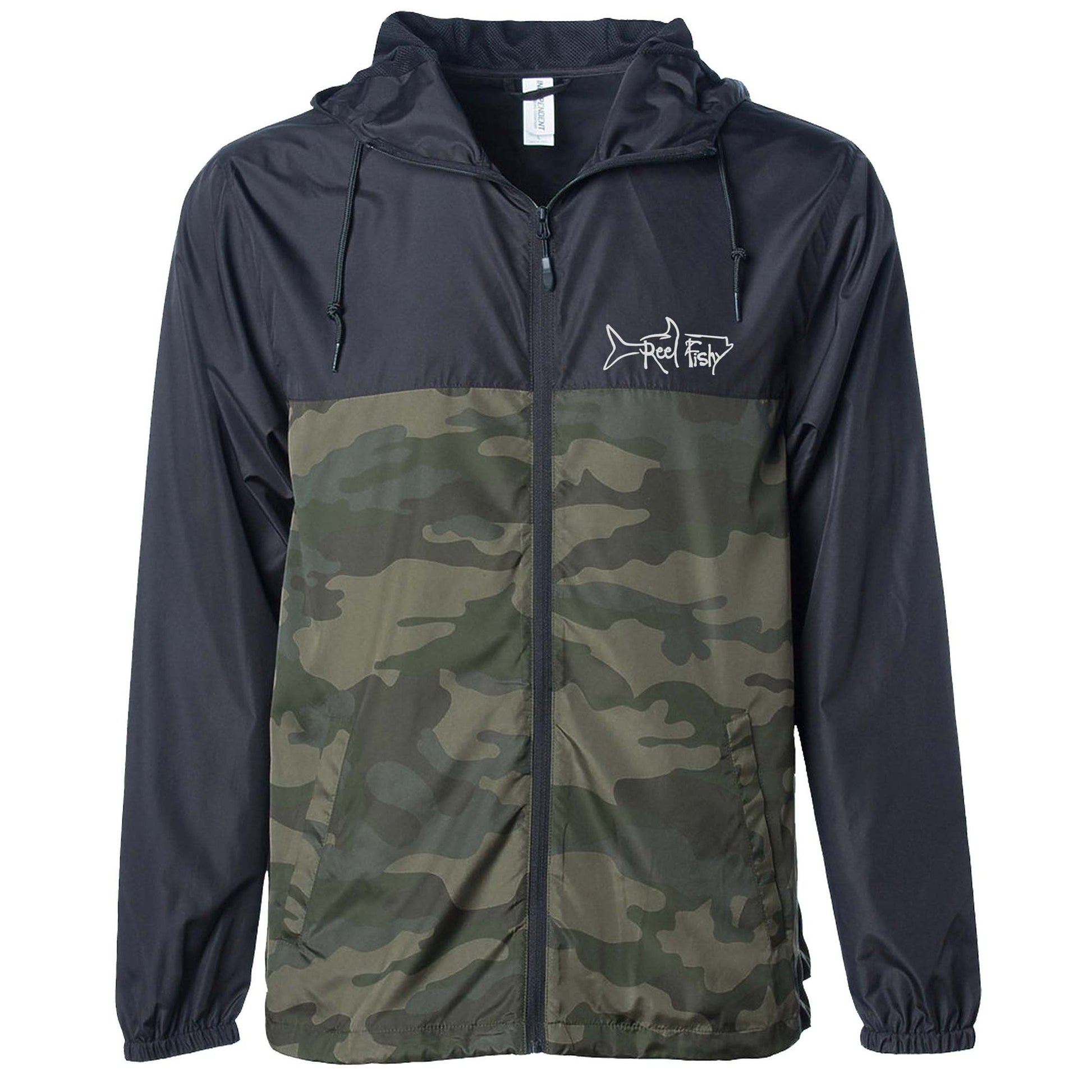 Black Forest Camo lightweight windbreaker jacket with hood, water resistant, full zip front closure