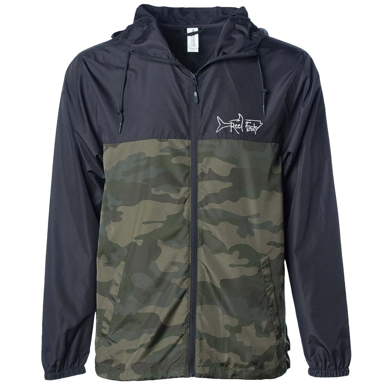 Black Forest Camo lightweight windbreaker jacket with hood, water resistant, full zip front closure