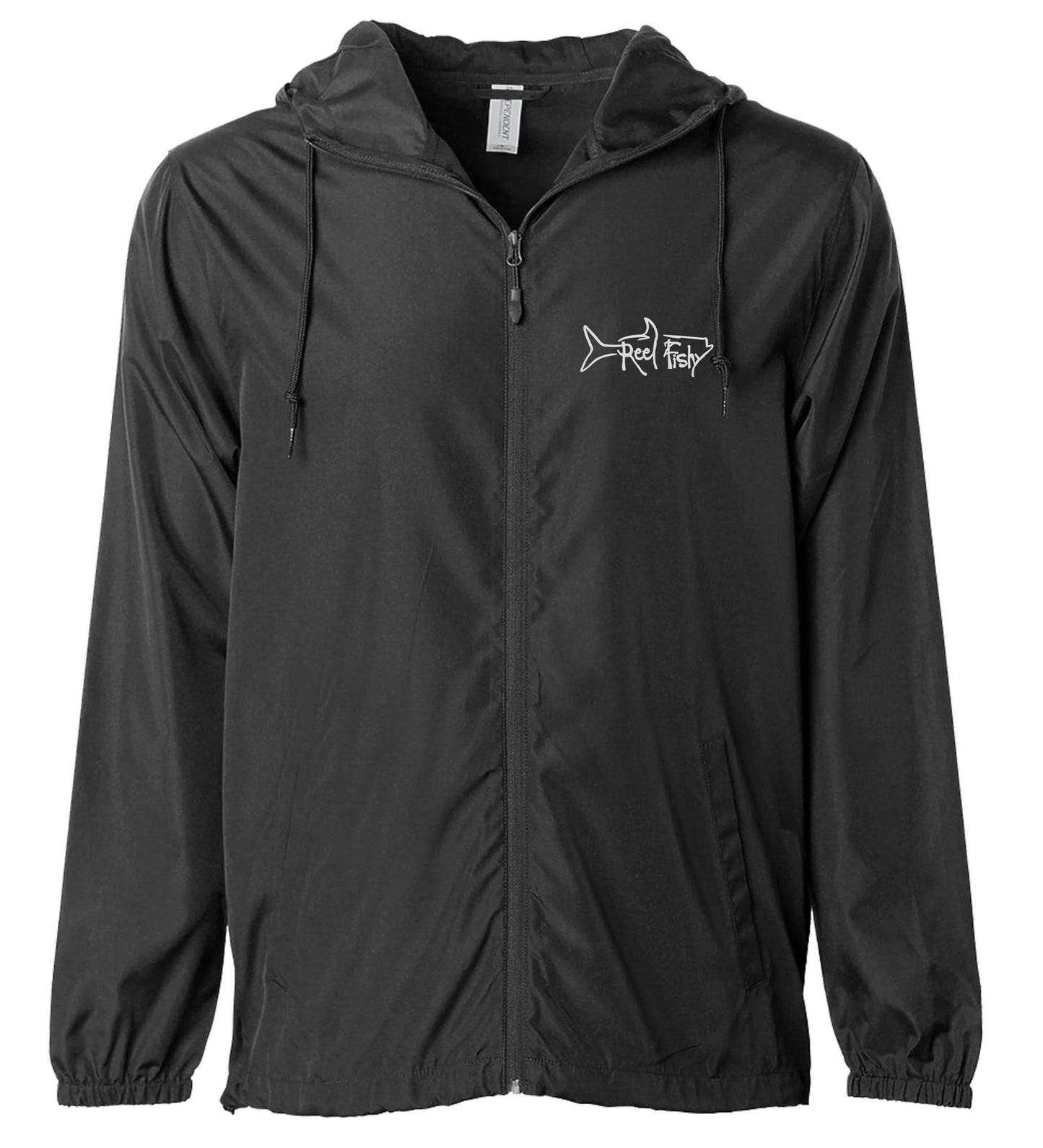 Black lightweight windbreaker jacket with hood, water resistant, full zip front closure