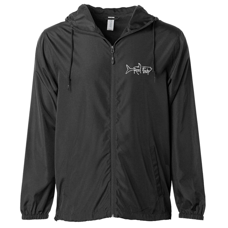 Black lightweight windbreaker jacket with hood, water resistant, full zip front closure