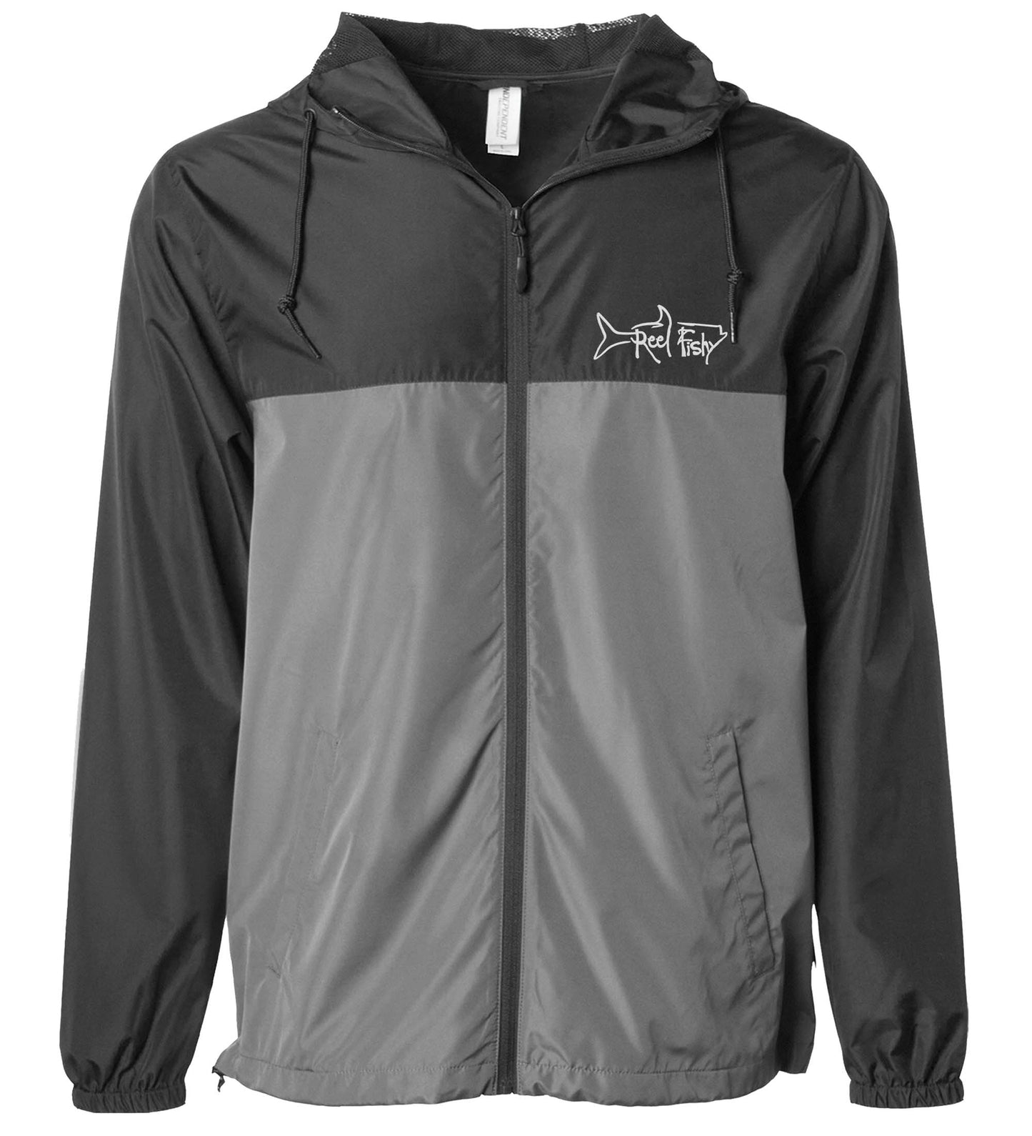 Black/Gray lightweight windbreaker jacket with hood, water resistant, full zip front closure