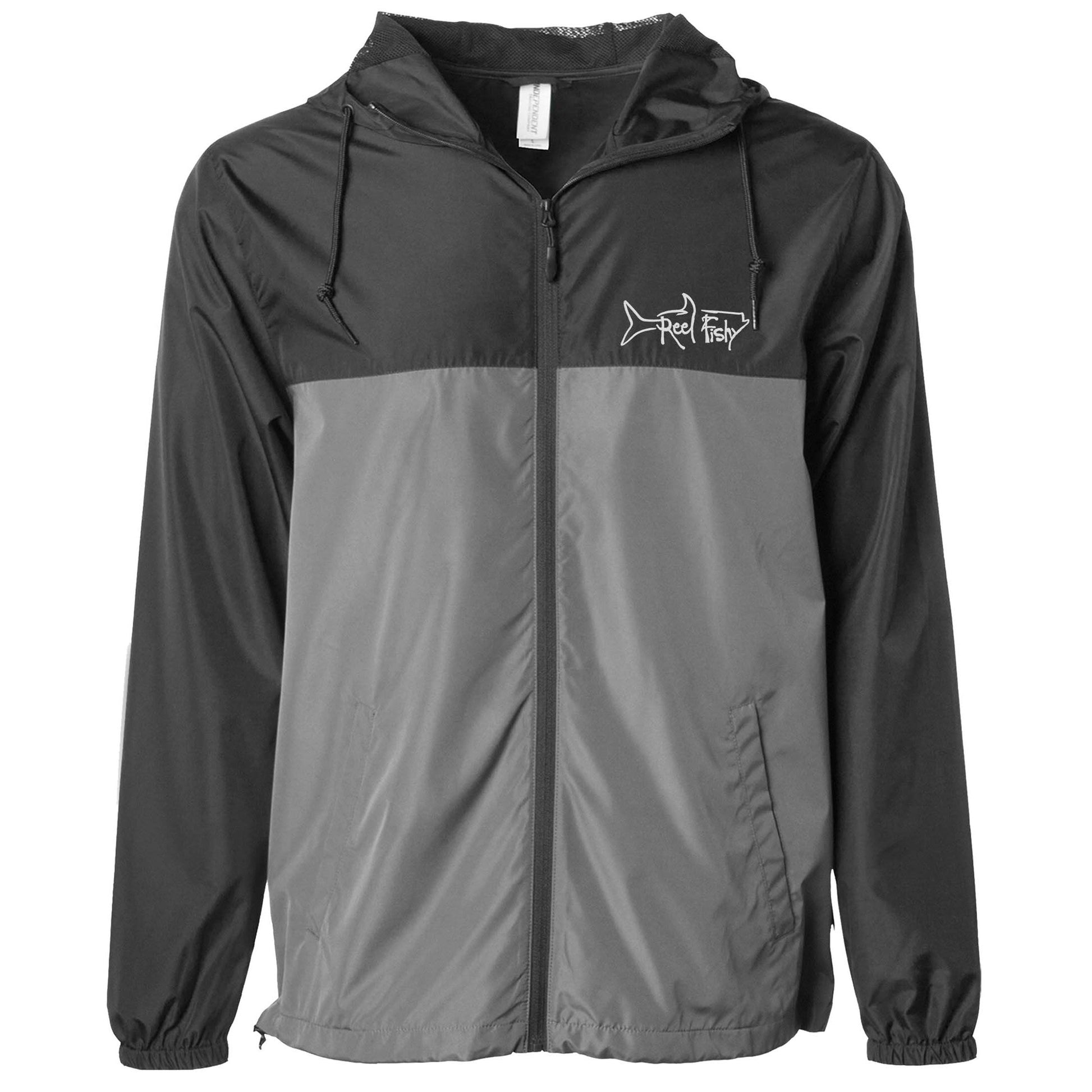 Black/Gray lightweight windbreaker jacket with hood, water resistant, full zip front closure